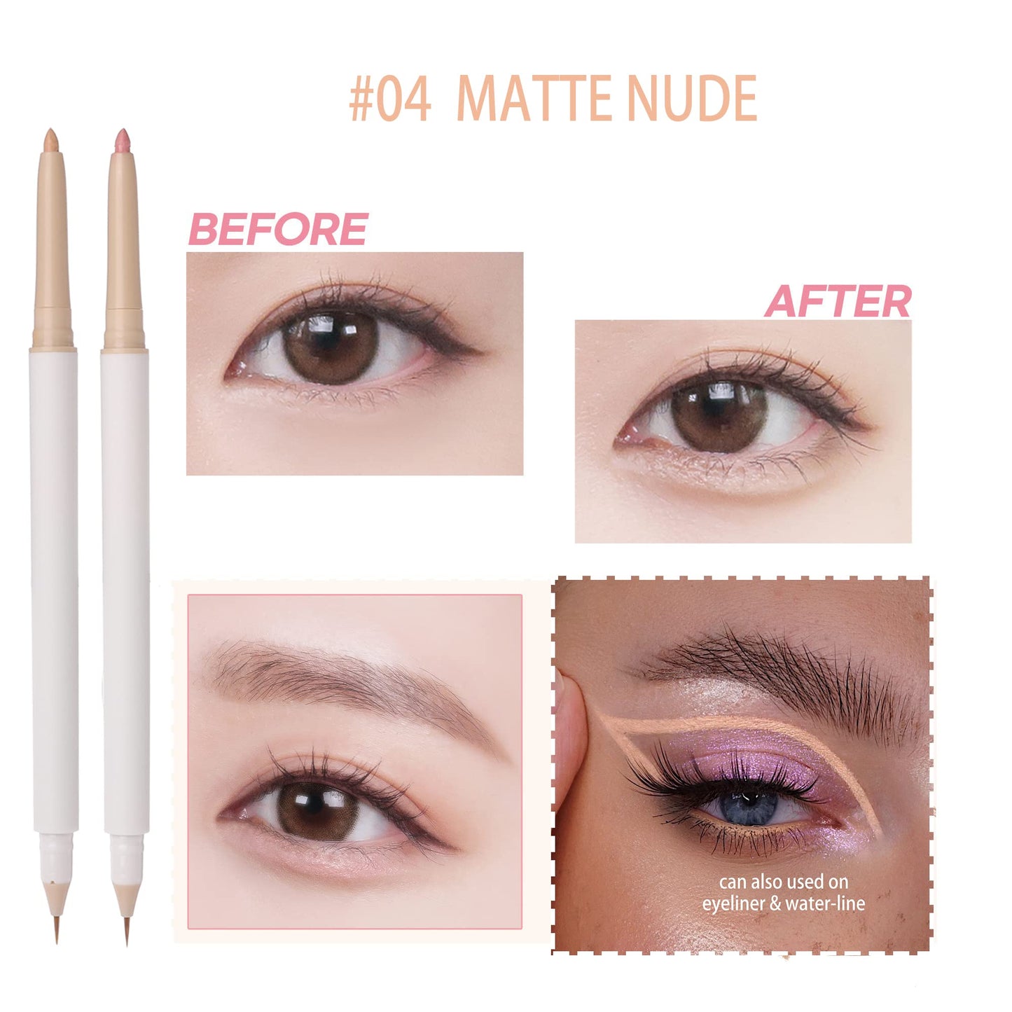 3PC Double Ended Highlighter Makeup Pen, Glitter & Matte Nude EyeLiner & Eyeshadow, Liquid Contour Liner 2 in 1 Eye Brightener Make Up Stick, Mulit-Funtional Long Lasting Lying Silkworm Pencil ( #01, #02, #04)