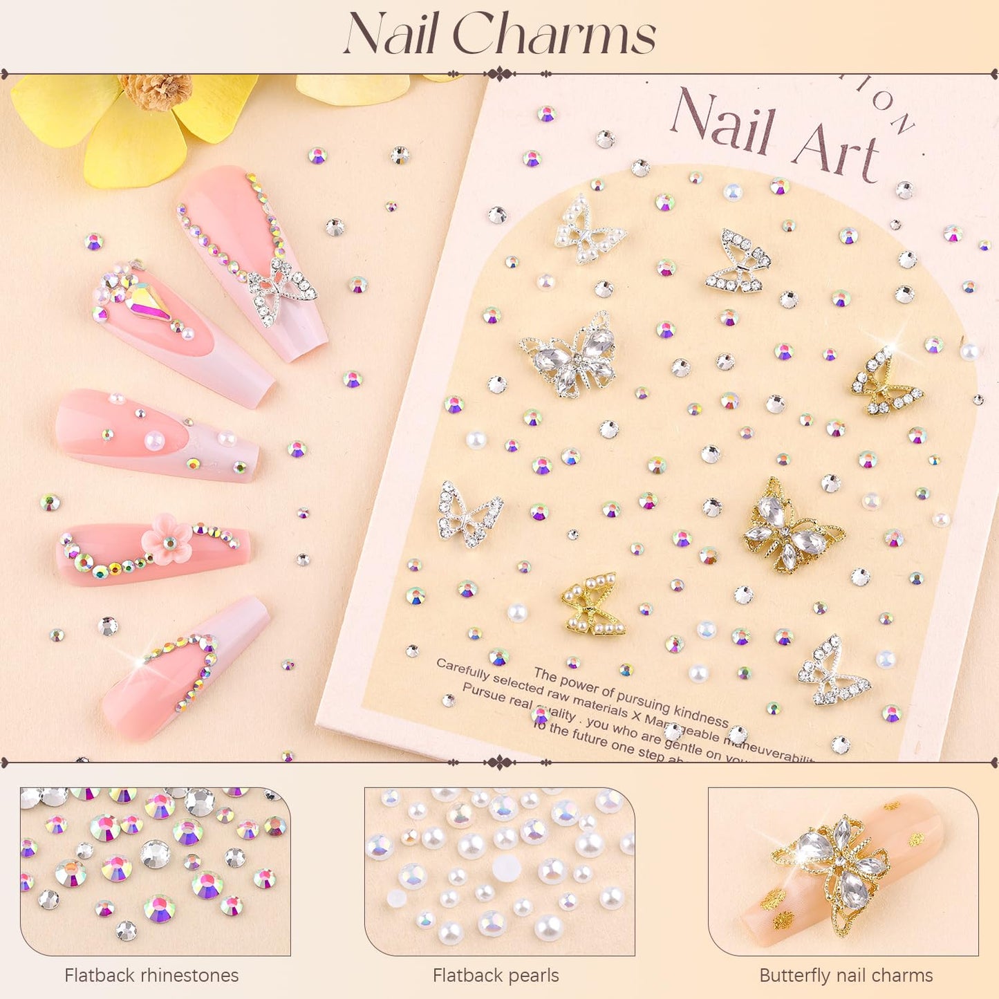 60Pcs 4 Styles 3D Butterfly Nail Charms and Flatback Gems Pearl with Rhinestones Glue Gel, Silver + Gold Shiny Luxury Gems, Crystal Jewels Studs for Nail Design, Nail Art Decor Set for Acrylic Nail