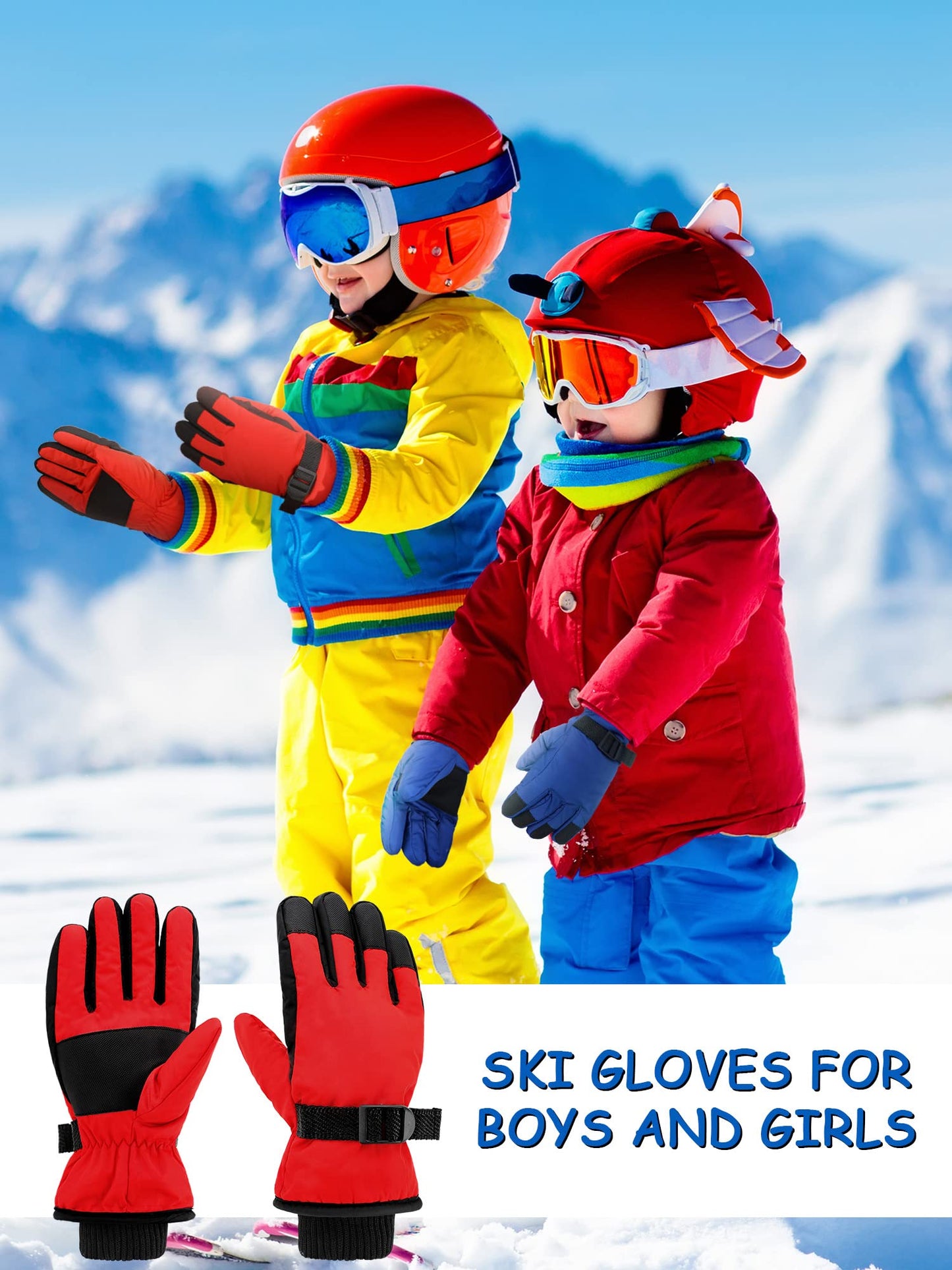 Eurzom 2 Pairs Kids Winter Gloves Waterproof Ski Gloves Windproof Warm Unisex Ski Gloves Warm Snow Gloves with Hook and Loop(Red, Blue, for 6-13 Years)