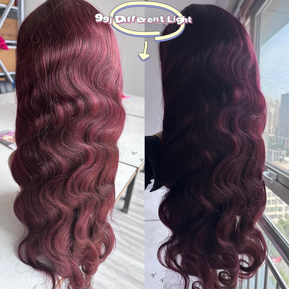 GUART 99j Burgundy Lace Front Wigs Human Hair 13x6 Body Wave Lace Front Wigs Human Hair 180% Density Preplucked Virgin Hair Full and Thick HD Lace Front Wigs Human Hair for Women 20 inch
