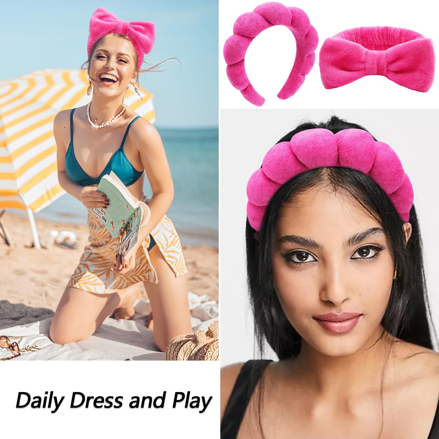 VELSCRUN 6 Pack Spa Headband, Makeup Headbands, Face Wash Headband, Skincare Headbands, Rose Pink Sponge Hair Band Bow Tie Spa Head Band for Washing Face Wristband Set Women Girls Hair Accessories