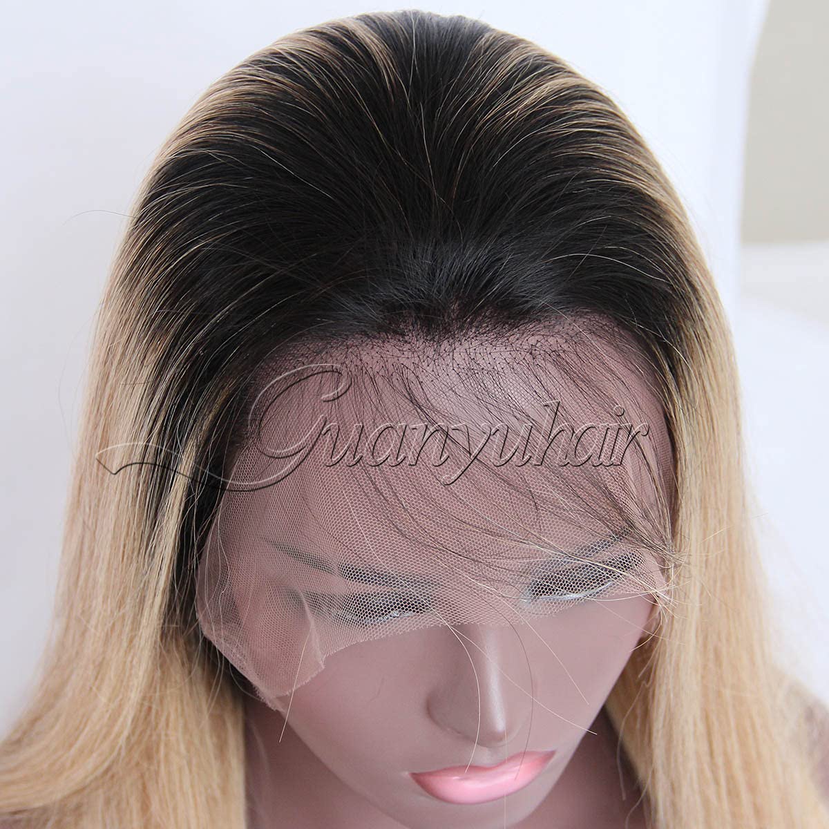 Guanyuwigs Ombre #1B/27 Honey Blonde 360 Lace Frontal Wig pre plucked Brazilian Human Hair Silky Straight Full Lace Wig For Black Women 150 Density 14inch