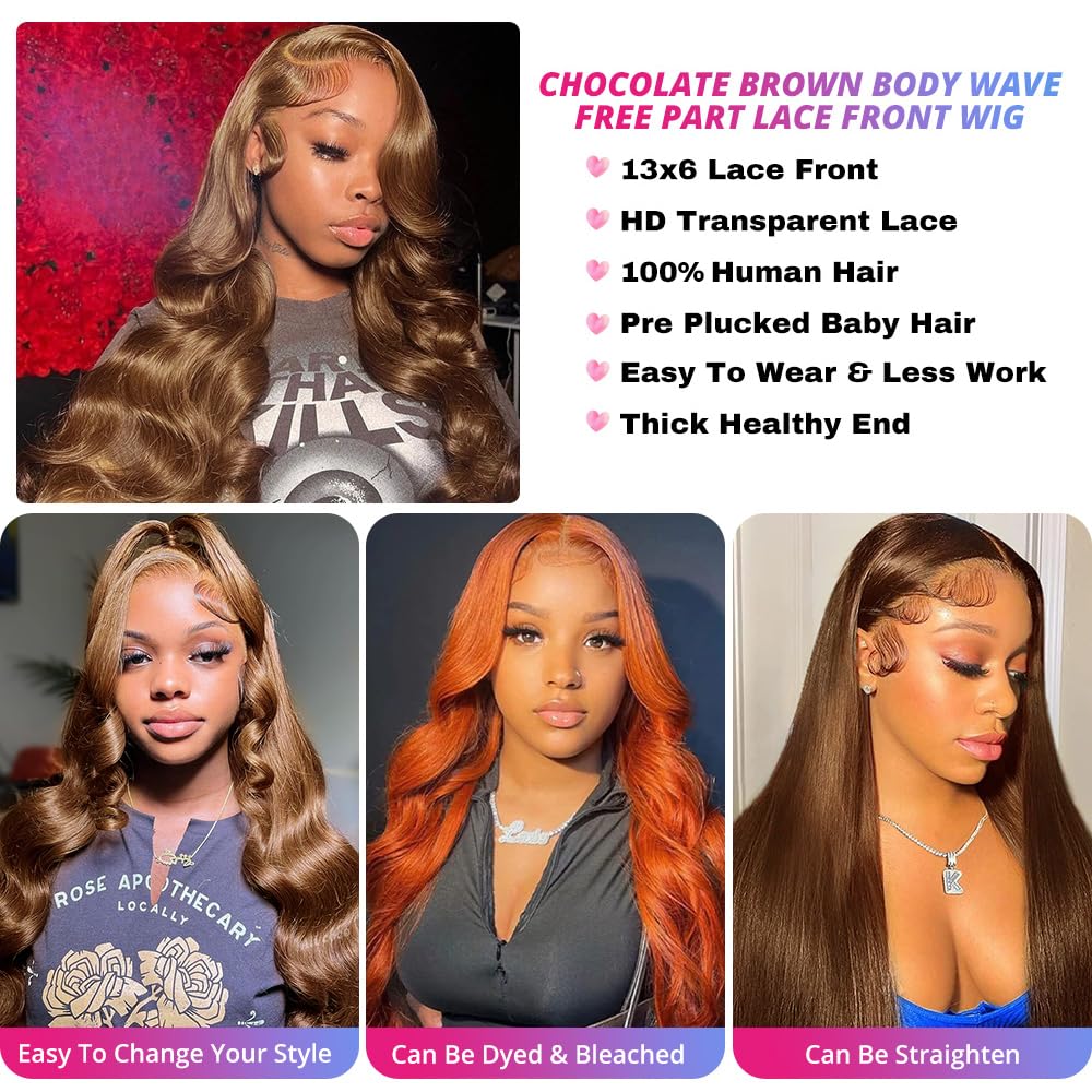 200 Density 13X6 Chocolate Brown Body Wave Lace Front Wigs Human Hair 13x6 HD Transparent Lace Front Wigs For Women Auburn Brown Colored with Baby Hair Glueless Wigs Human Hair Full And Thick 18 Inch