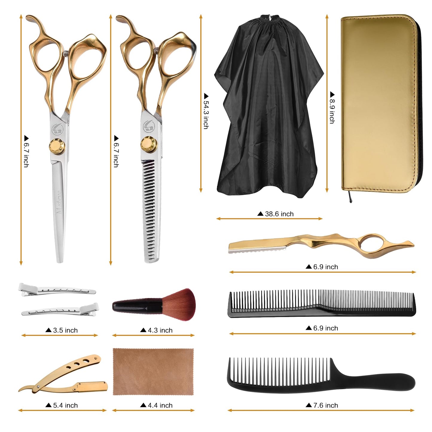 Hair Cutting Scissors Kit, Hair Scissors Professional Stainless Steel Haircut Scissors with Hair Shears, Thinning Shears, Haircut Accessories in Leather Case for Barber/Home 12PCS Gold Silver