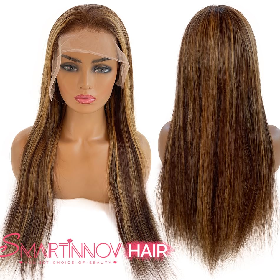 24 Inch Highlight Ombre Blonde Lace Front Wig Human Hair Pre Plucked 13x6 HD Transparent Lace Front Wig 4/27 Brown Highlight Honey Blonde Lace Frontal Wigs Ombre Blonde Human Hair Wigs for Women