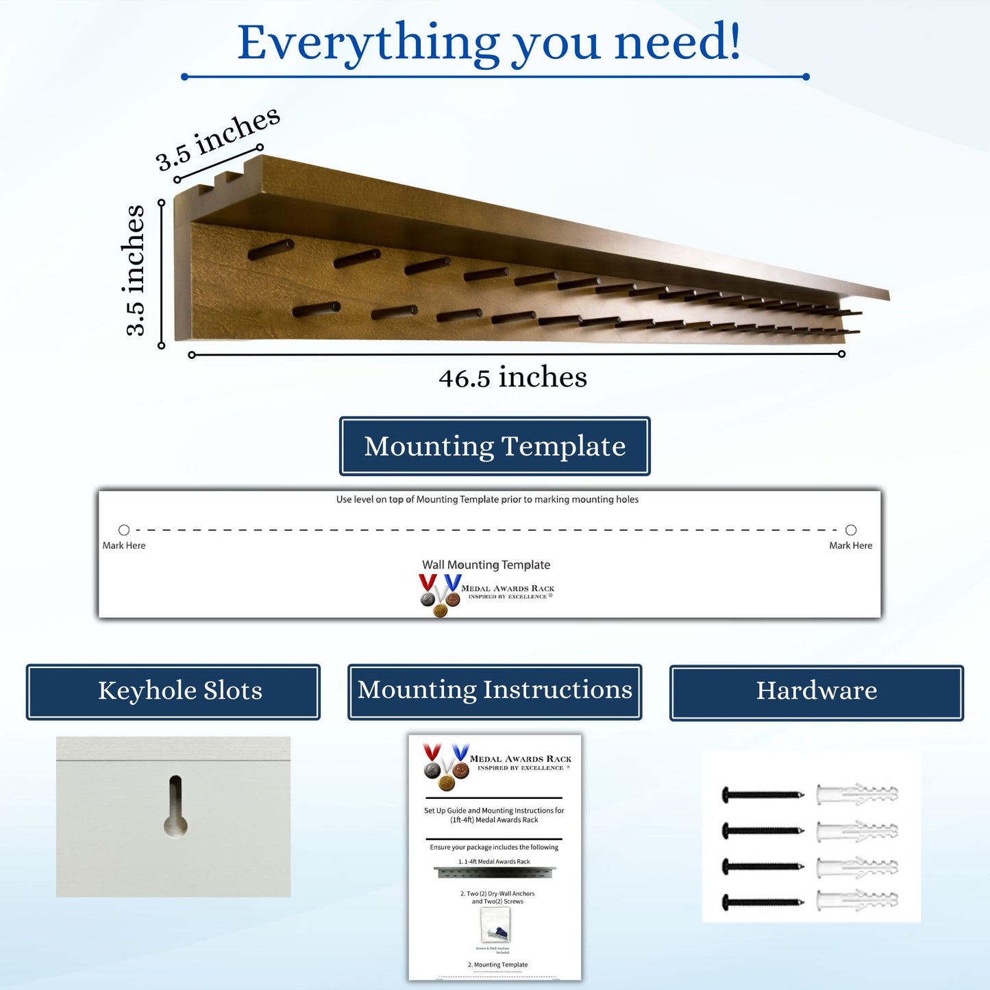 46.5"- Medal Awards Rack- The Largest Trophy Shelf and Medal Hanger Display - Multi-Sport Trophy and Medal Holder for Medal Display, Plaques, Pictures, Trophies, and More. Solid Wood