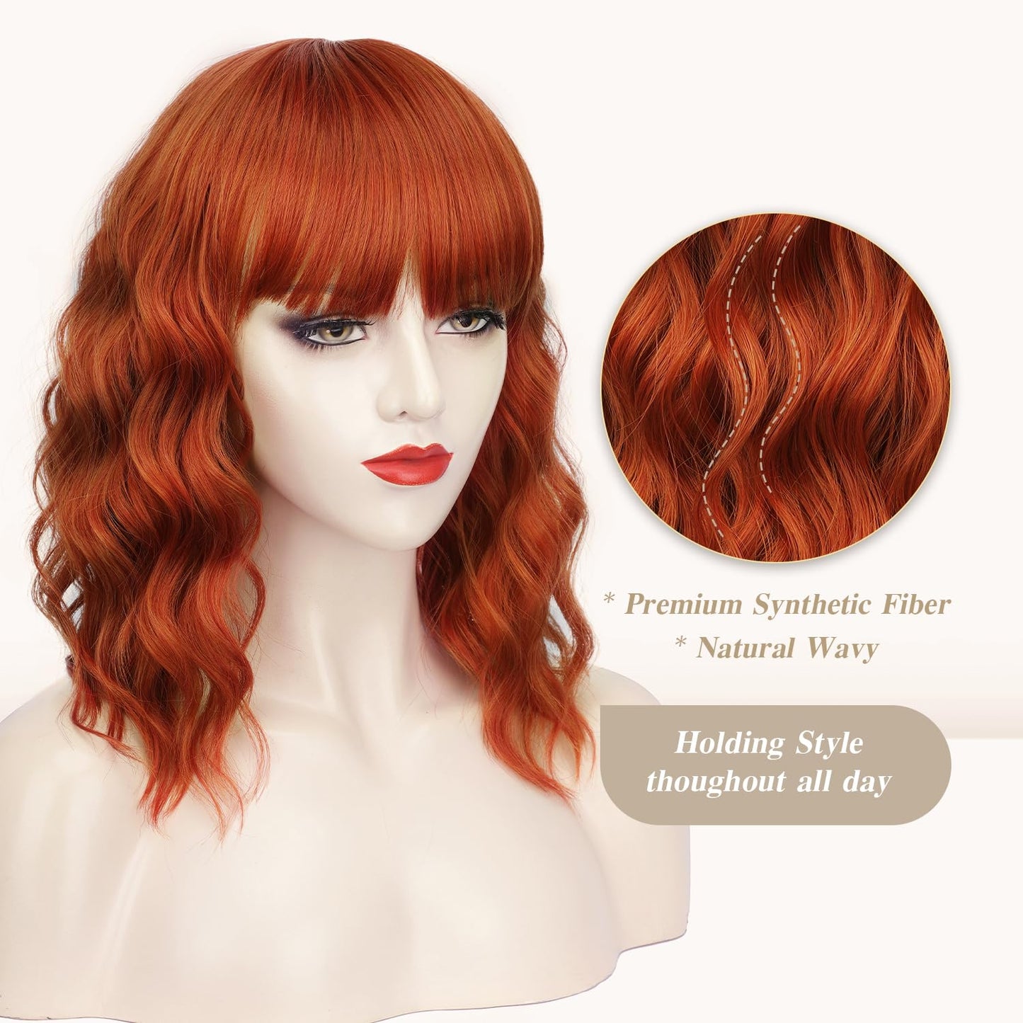 Nnzes Short Orange red Wavy Wig with Bangs for Women Shoulder Length Bob Curly Women's Charming Synthetic Wigs with Natural Wavy Wig Heat Resistant Hair for Daily Party Use