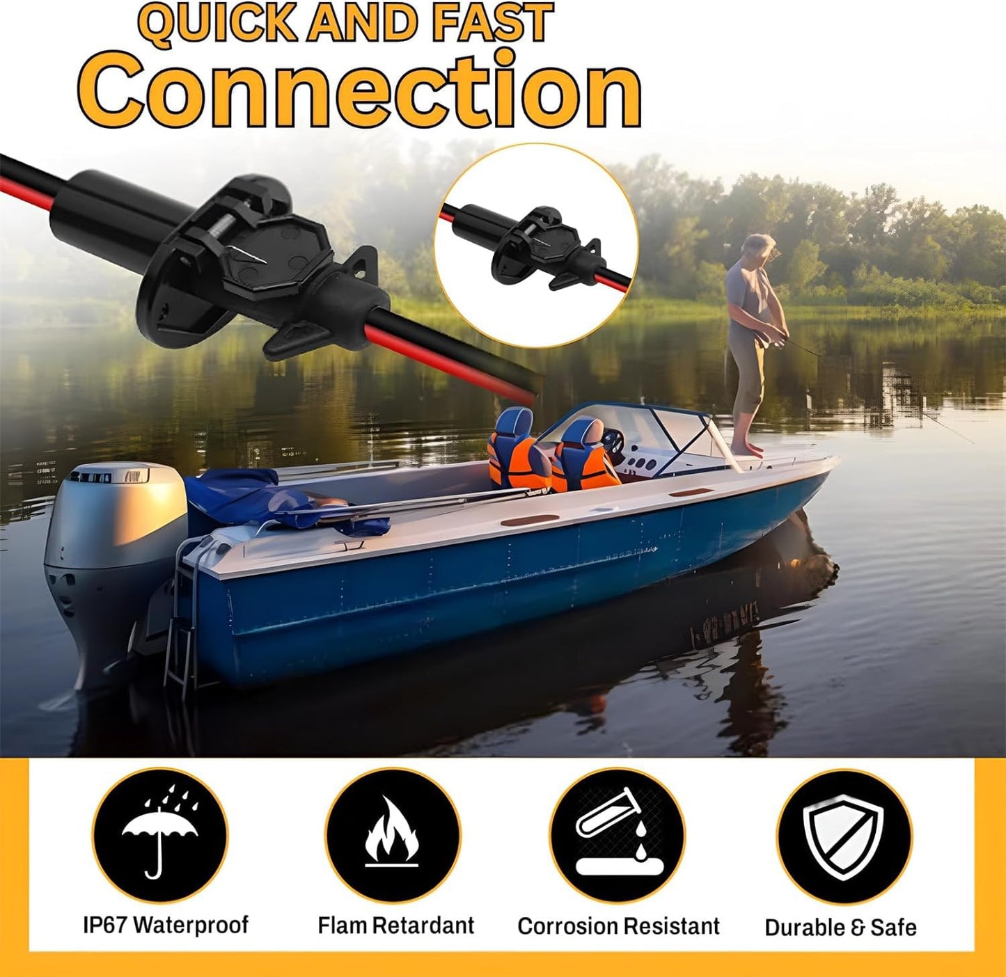 12V 8 Gauge Trolling Motor Plug and Receptacle Quick Connect Kit, Trolling Motor Plug Socket Set, 2 Wire Heavy-Duty Compatible With Minn Kota Marine Boat kayak Trolling Motor(8 Gauge)