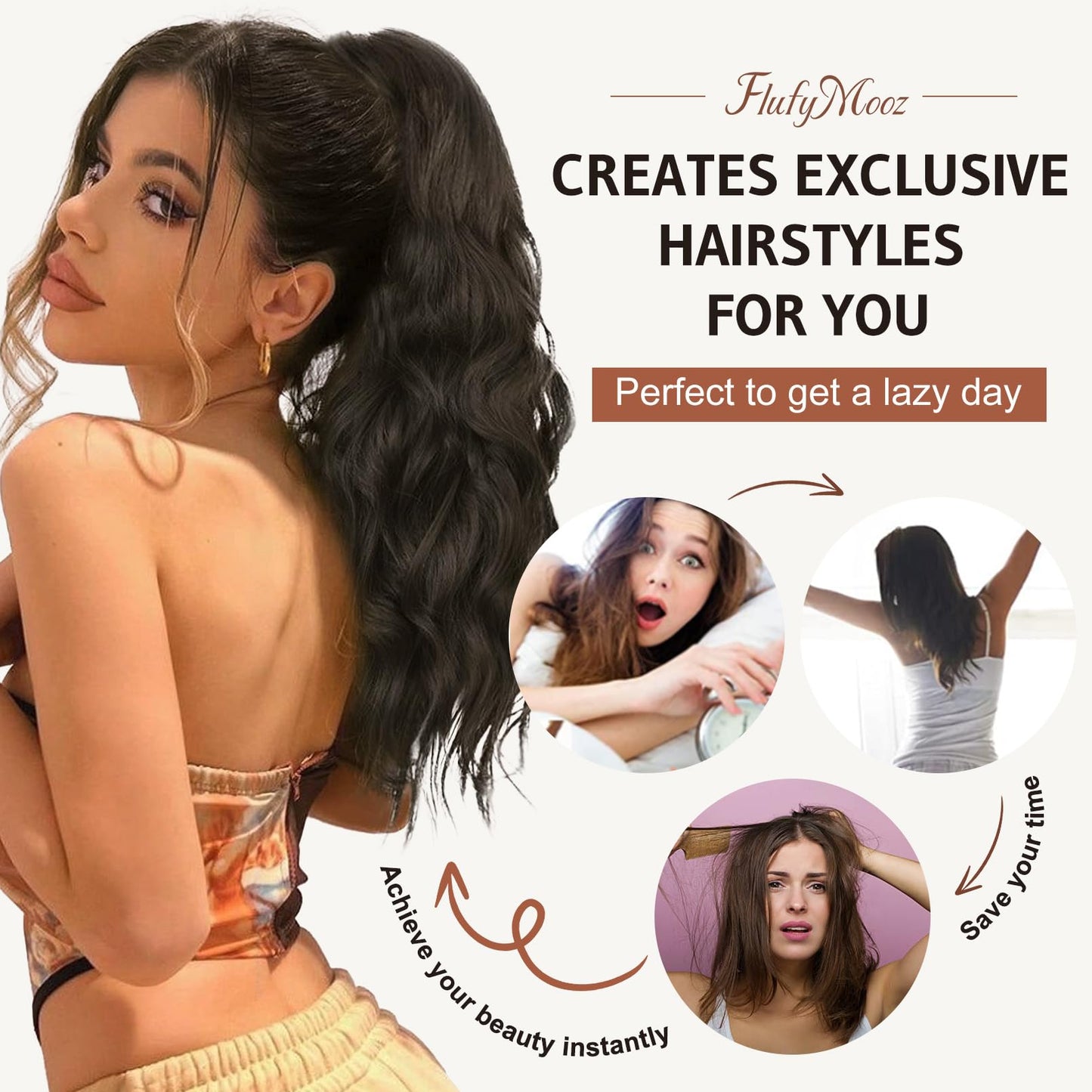 FLUFYMOOZ Ponytail Extension, 18 Inch Claw Clip Ponytail Extension, Wavy Curly Claw Clip in Ponytail Hair Extensions, Natural Fake Ponytail Synthetic Hairpiece for Women (Cool Brown with Blonde Highlights)
