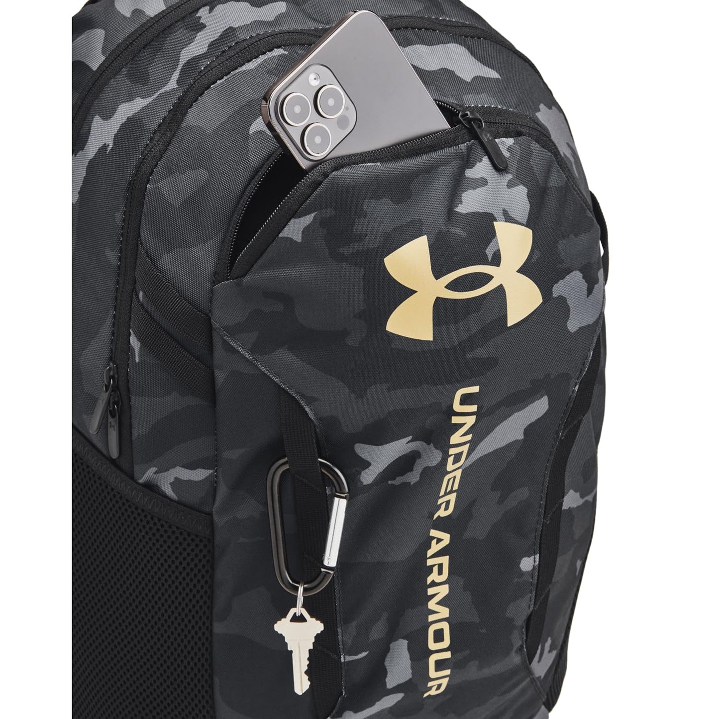 Under Armour Unisex-Adult Hustle 6.0 Backpack, (001) Black/Black/Metallic Gold, One Size Fits Most