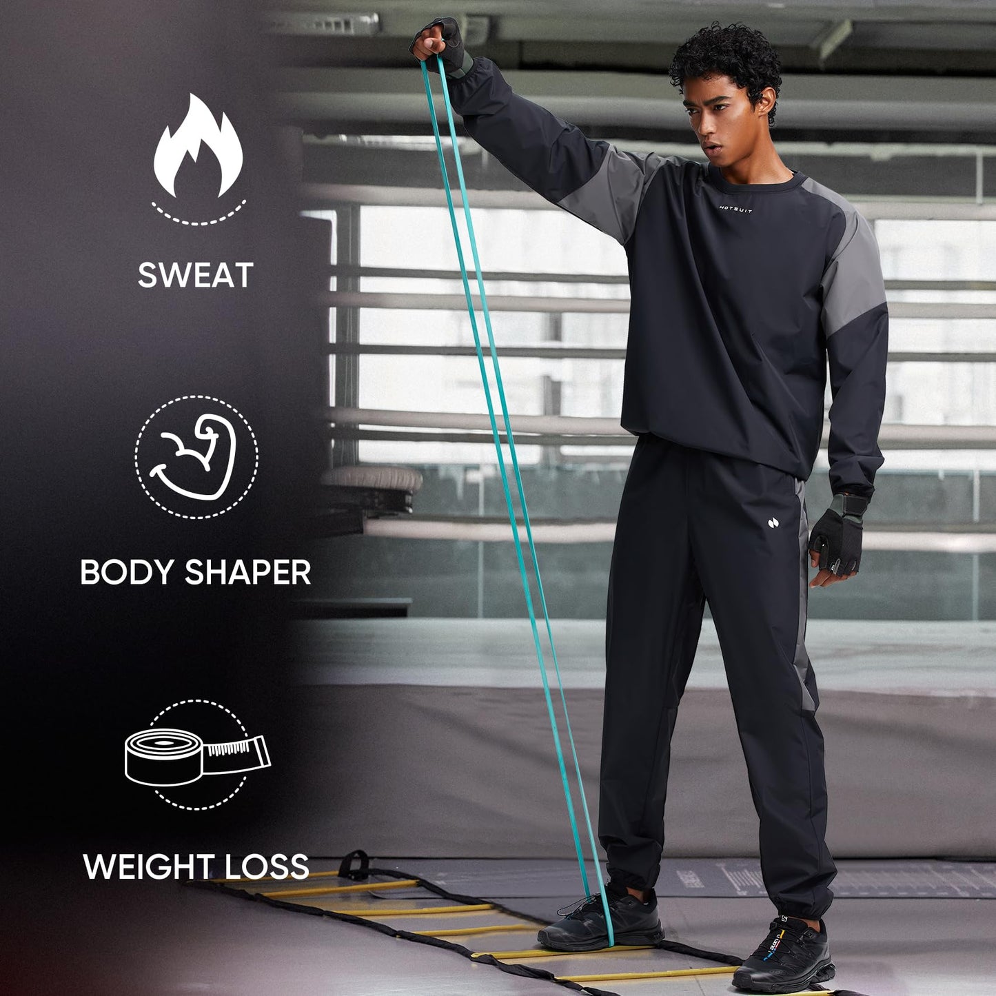 HOTSUIT Sauna Suit Men Sweat Suits Anti Rip Gym Exercise Workout Sauna Jackets Pants, Black, M