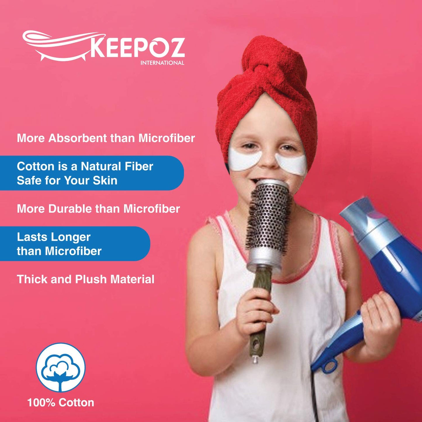 KEEPOZ Hair Towel Wrap Quick Dry 100% Cotton Super Absorbent Turban Head Wrap for Women with Button, Non Microfiber Anti Frizz Hair Cap for Curly, Long & Thick Hair (Pink+Red, 2 Pcs)