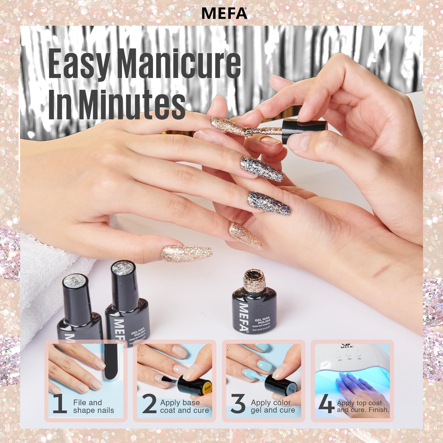 MEFA Glitter Nail Polish Set 6 Colors, Chrome Platinum Sparkly Shiny Black Silver Pink Champagne Turquoises Gel Polish Kit Soak Off Nail Art Design at Home DIY Manicure Kit Gifts for Women