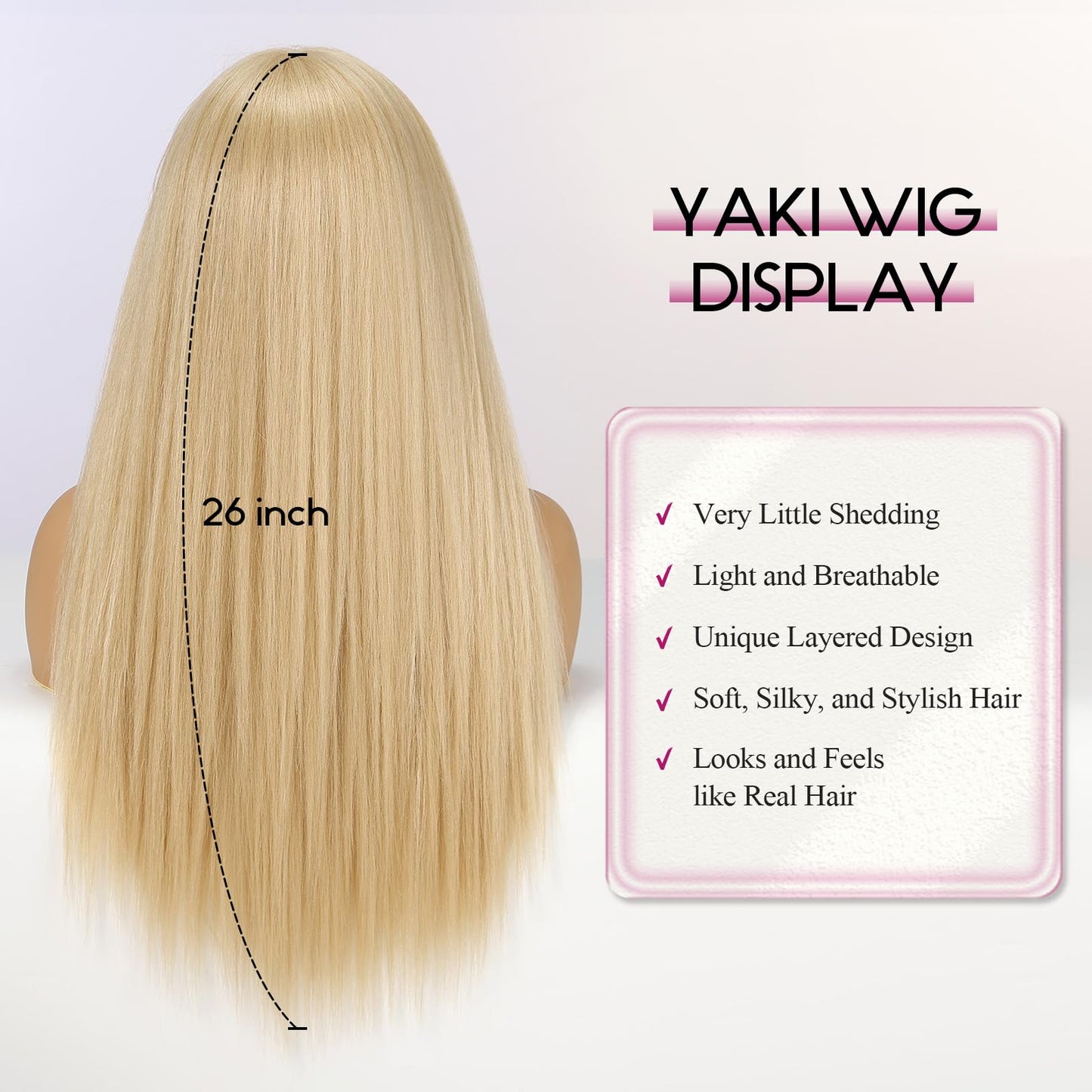 EMMOR Long Straight Yaki Wigs for Women with Bangs Comfortable Elastic Band 26 Inch Heat-resistant Synthetic Fibers(Blonde)