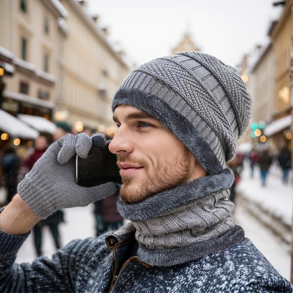 ABUDDER 6 Pieces Winter Beanie Hat Scarf Gloves Set for Men and Women,Knitted Cap Winter Hat Touchscreen Gloves Neck Warmer Set