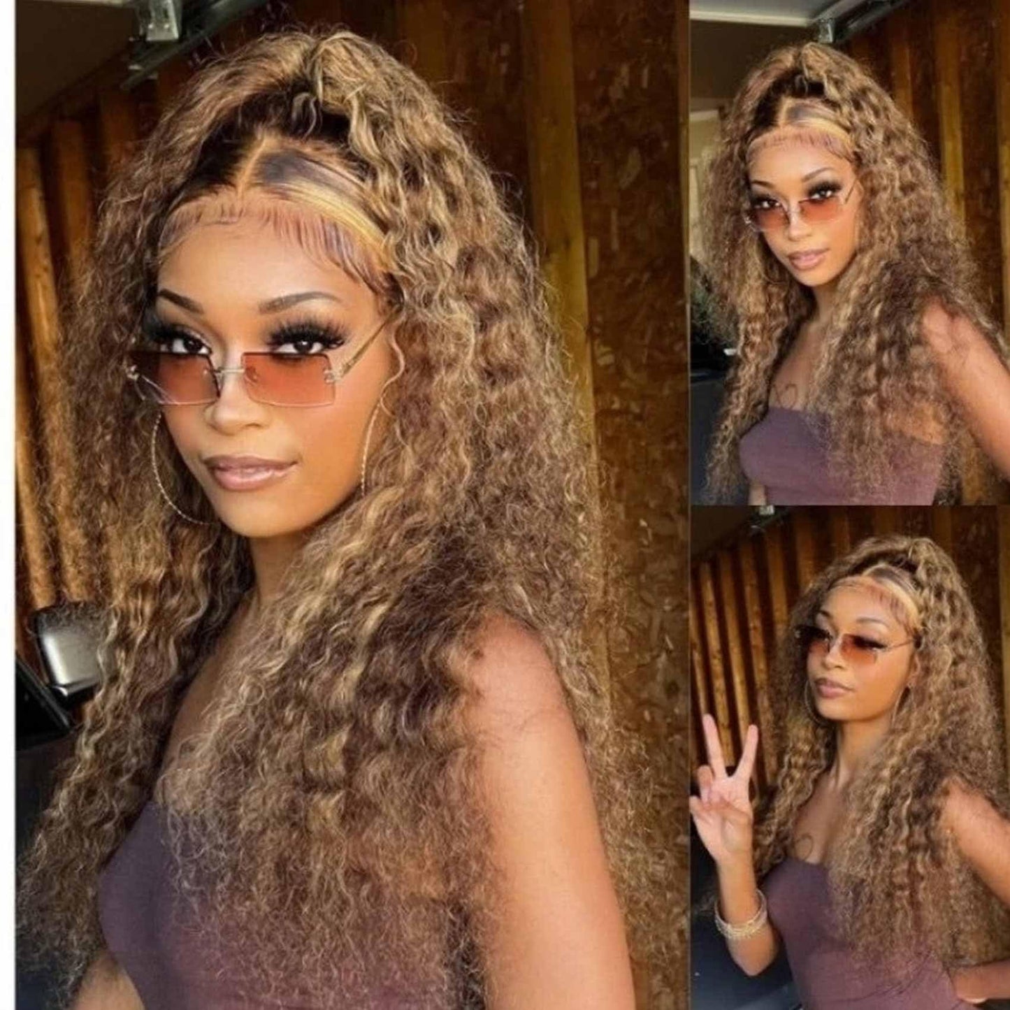 26inch Ombre Highlight Lace Front Wigs Human Hair Water Wave 13x4 Transparent Curly Lace Frontal Wigs Pre Plucked with Baby Hair Wet and Wavy Curly Wigs for Women 150% Density 4/27 Honey Blonde Color