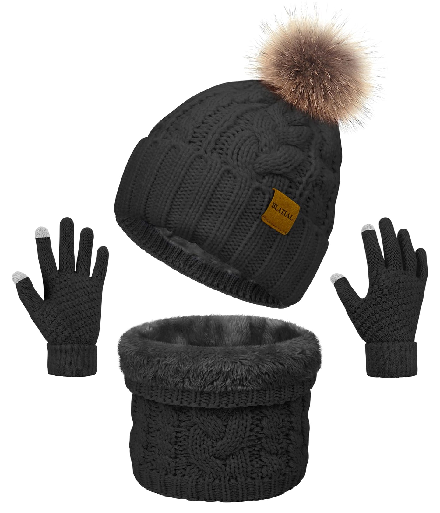 3 Pieces Winter Hat and Scarf Set for Women Warm Knit Beanie Fleece Lined Pom Hats Neck Warmer Touchscreen Gloves Gifts,Black Set