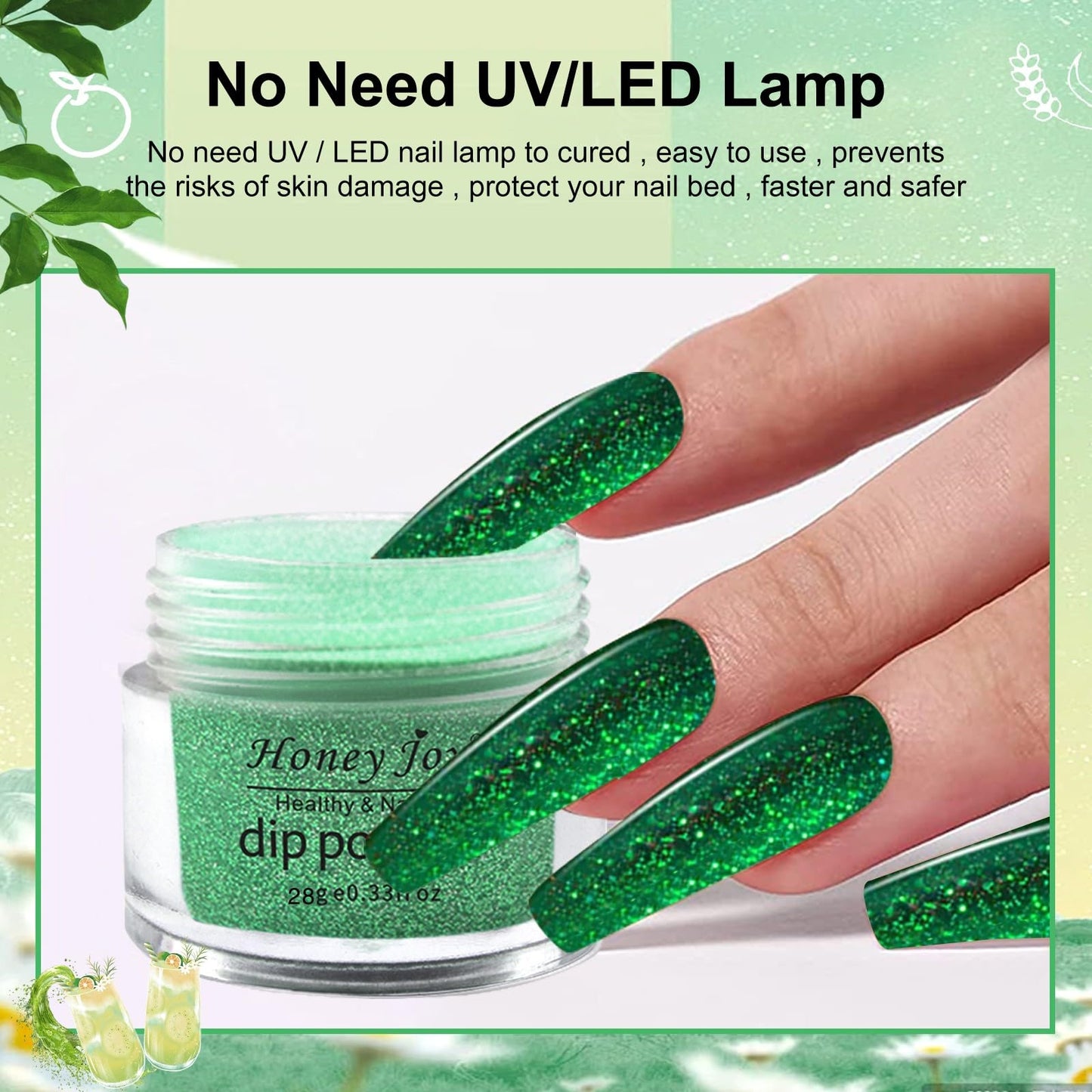 28g/Box Glitter Green Fine Dipping Powder No Lamp Cure Nails Dip Powder Like Gel Nail Natural Dry For Nail Salon£¬No.35