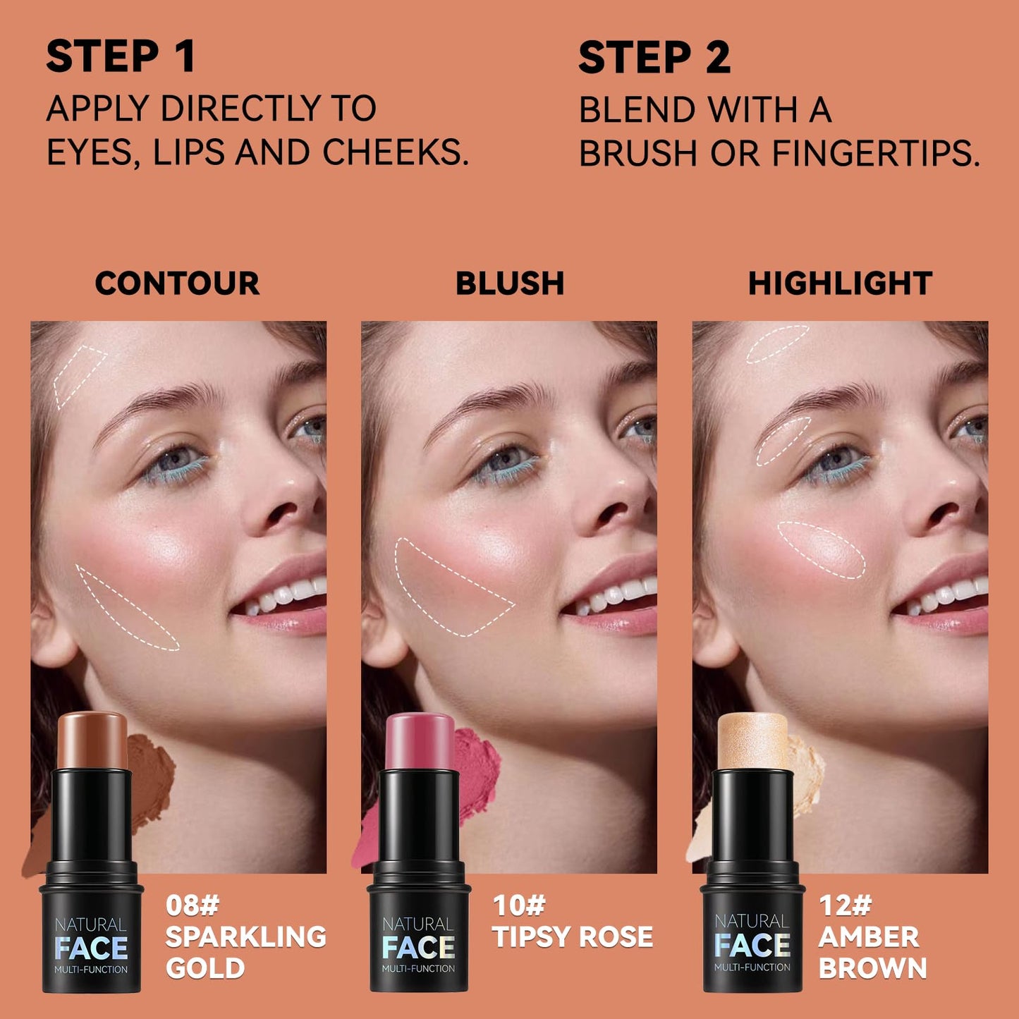 3Pcs Cream Contour Stick Makeup Kit, Shades with Highlighter, Blush and Bronzer Contour Stick for Sculpt the Cheeks, Long Lasting, Waterproof, Matte & Dewy Finish LIGHT FAIR(8+10+12)