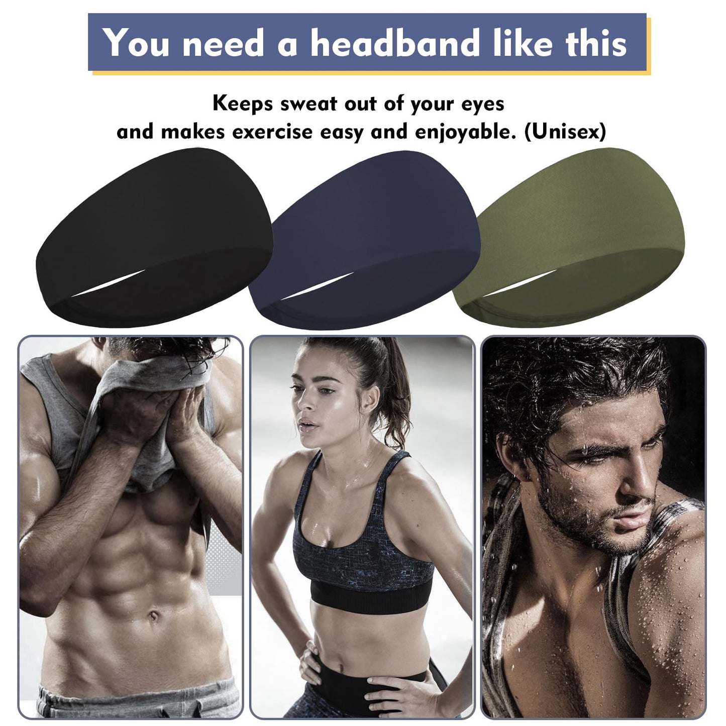 3 Packs Sweatband Sports Headbands for Men Elastic Hair Bands Fashion Headscarf Bandage Yoga Moisture Wicking Workout Running Fitness Hairbands (Black, Army Green, Dark Blue)