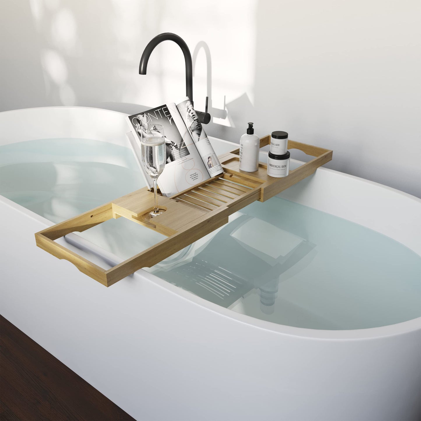 Acacia Bathtub Tray - Natural Wood Tray with Extended Sides, Wine Glass Holder, Book, Phone, or Tablet Rest - for Bath Accessories by Home-Complete