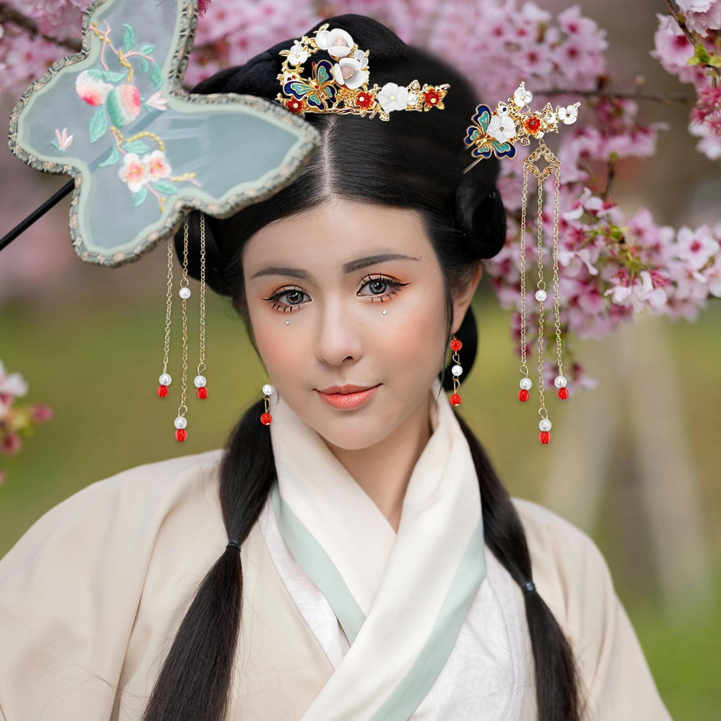 5 Pcs Butterfly Chinese Tassel Hair Stick Peony Flower Crystal Pearl Hanfu Hair Pins Classical Floral Wedding Headpiece Brides Hair Jewelry Accessories for Updo Long Hair Women Girls