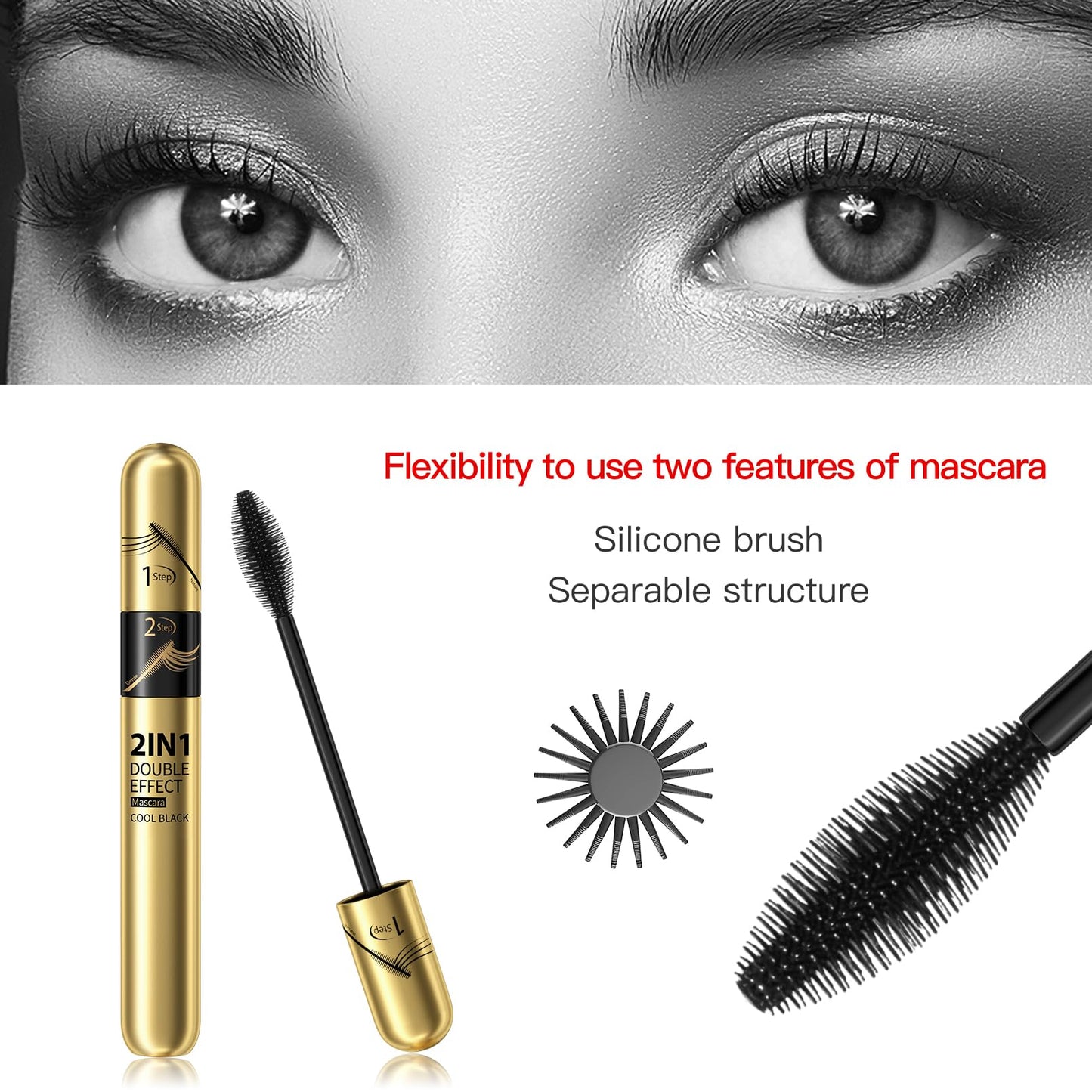 2 in 1 Double Black 4D tubing Mascara Volume and Length, Silk Fiber Lash Liquid Extension 5X Longer, Smudge Proof Waterproof and Sweat Resistant Fuller Mascara (Gold & Green)