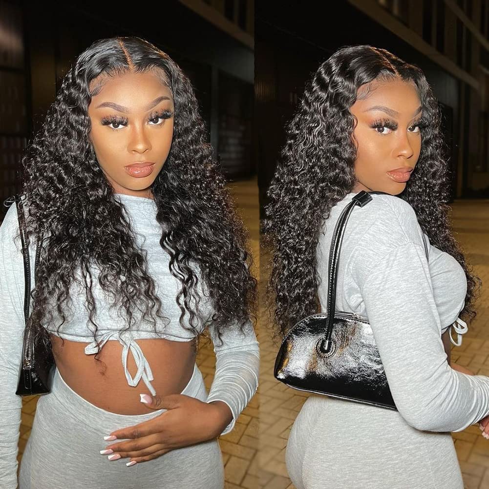 4GIRL4EVER Deep Wave HD Transparent Lace Front Wigs Human Hair Pre Plucked 180% Density 4X4 Glueless Lace Closure Human Hair Wigs for Black Women with Baby Hair Natural Color (24 Inch)