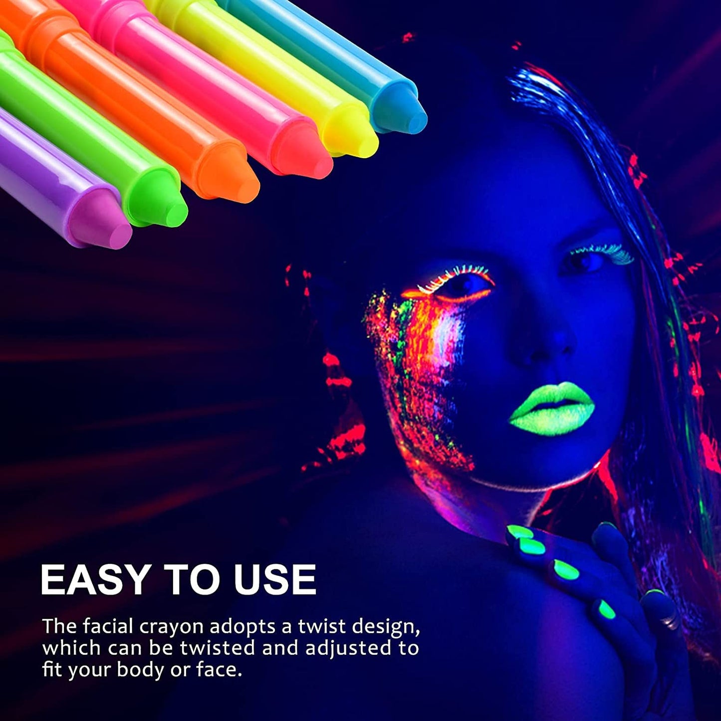 6 Pcs Glow in The Light Body Face Paint, Face Painting Kit, UV Crayon Kit Fluorescent Body Paints for Adults for Birthday Party Halloween Masquerade Makeup Outdoor for Kids