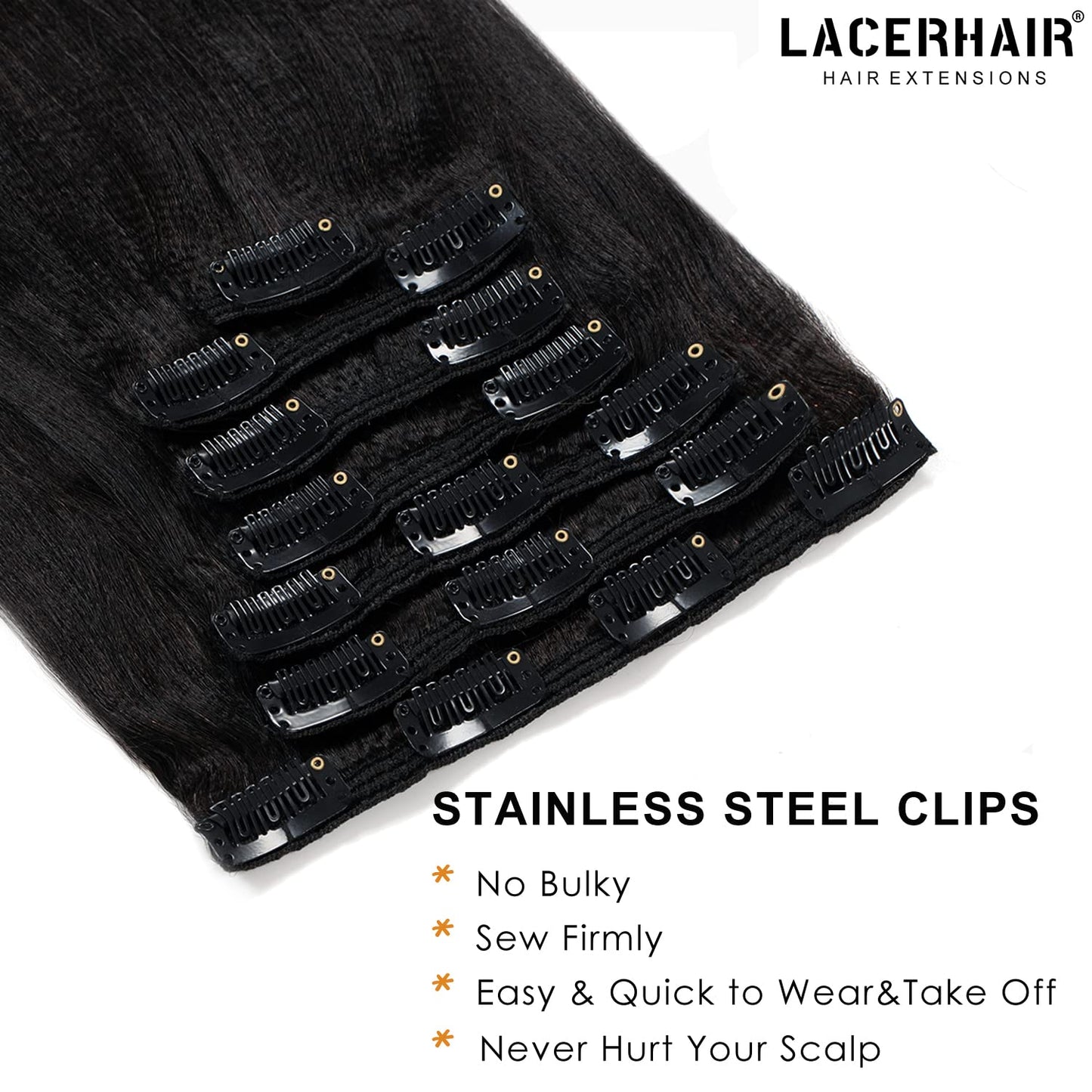 Lacer Light Yaki Clip in Hair Extensions Human Hair, 100% Virgin Remy Human Hair Extensions for African American Black Women Relaxed Hair 7 Pieces/Set 120G 14inch