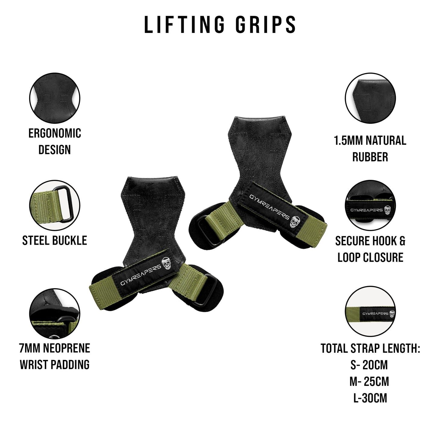 Gymreapers Weight Lifting Grips (Pair) for Heavy Powerlifting, Deadlifts, Rows, Pull Ups, with Neoprene Padded Wrist Wraps Support and Strong Rubber Gloves or Straps for Bodybuilding (Green, Small)