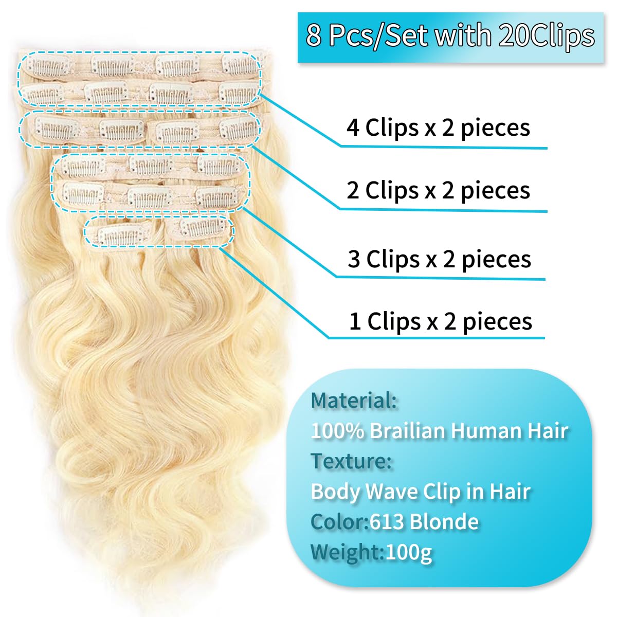 613 Body Wave Clip in Hair Extensions Seamless Clip ins Hair Extensions Real Human Hair Deep Wave Real Blonde Human Hair Clip in Extensions Women 8Pcs 100g 20 Clips
