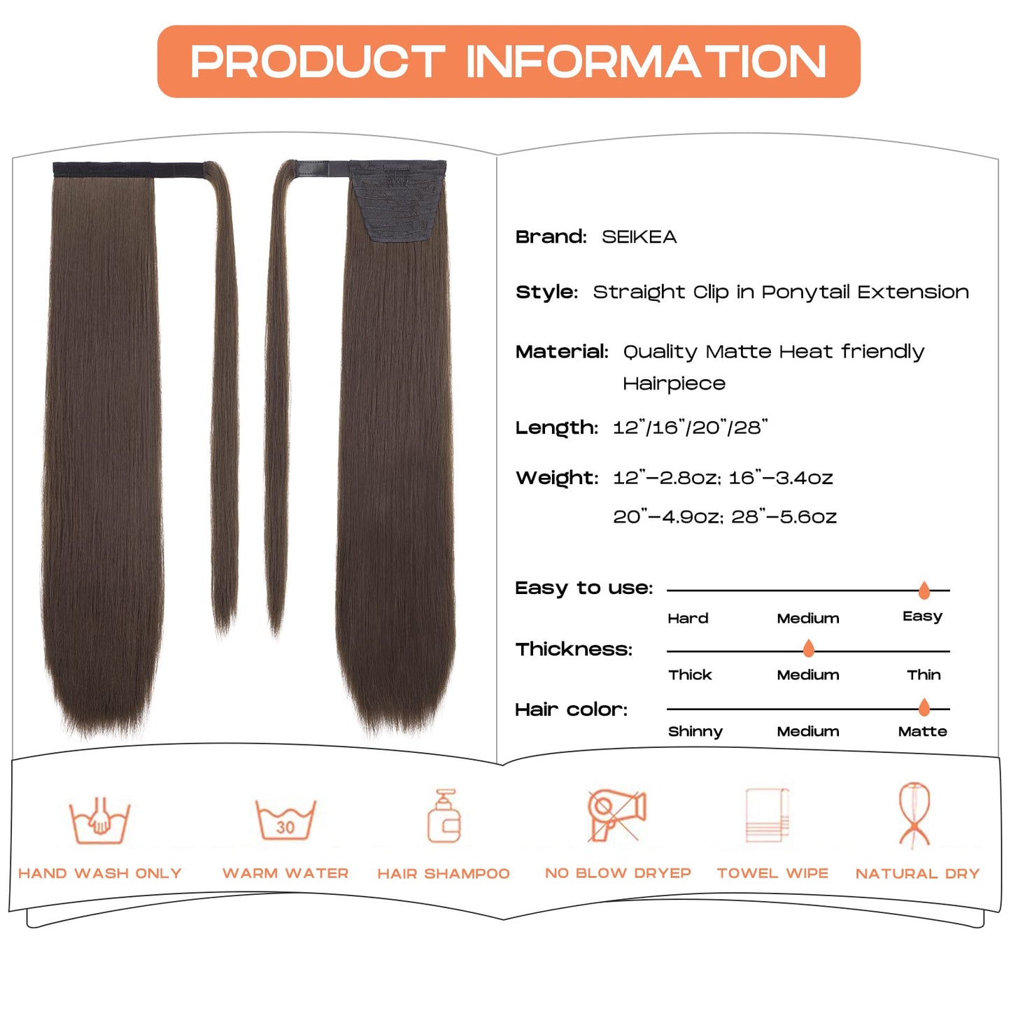 SEIKEA Clip in Ponytail Extension Wrap Around Straight Hair for Women (28", Dark Chocolate Brown)