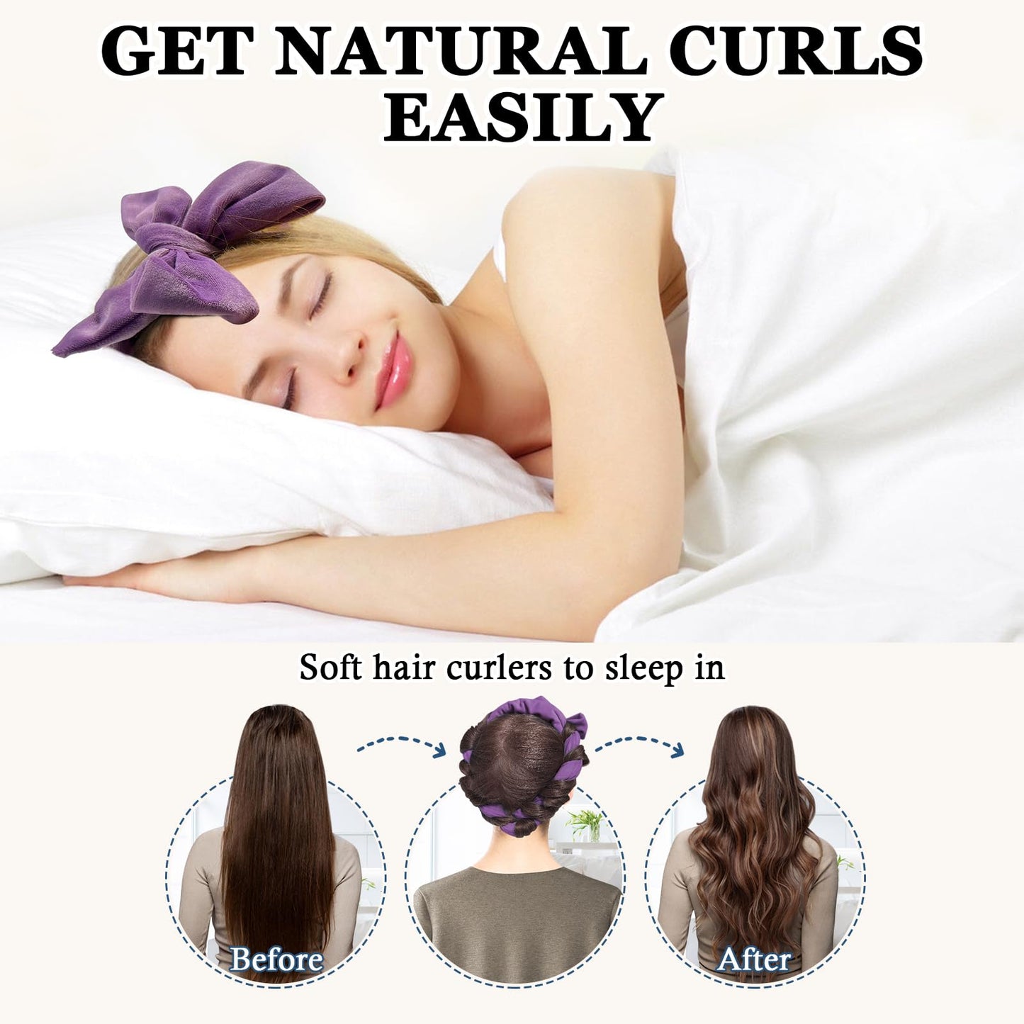 Gwabee No Heat Overnight Curl Headband, 70" Soft Ribbon Wrap with 9 PCS Curling Rods and Yoga Strap - Purple