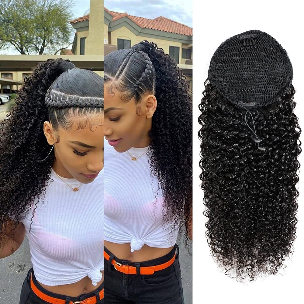 Adette 20 Inches Curly Ponytails Human Hair Drawstring Ponytail Extension Kinky Curly Clip in Pony Tail Hair Extensions Hair Pieces for Black Women Natural Black