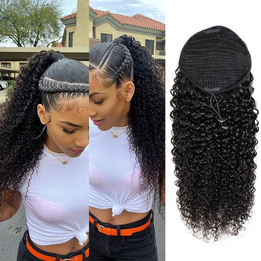 Adette 20 Inches Curly Ponytails Human Hair Drawstring Ponytail Extension Kinky Curly Clip in Pony Tail Hair Extensions Hair Pieces for Black Women Natural Black