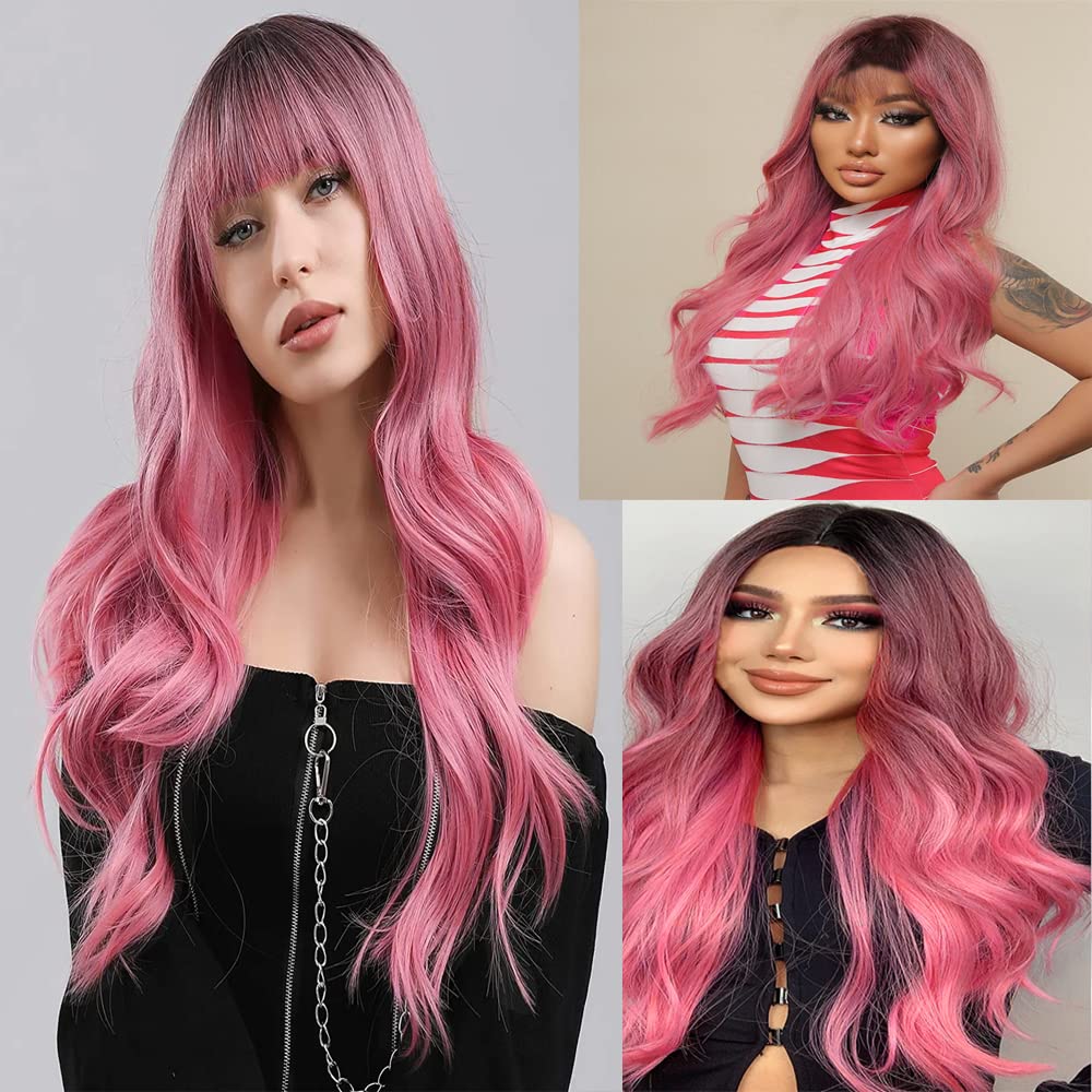 1B/Pink Body Wave Bundles Human Hair Pink Bundles Human Hair Ombre Two Tone Black and Pink Bundles Brazilian Human Hair Weave Wet and Wavy Bundles Silky Soft for Black Women 26 28 30 inch