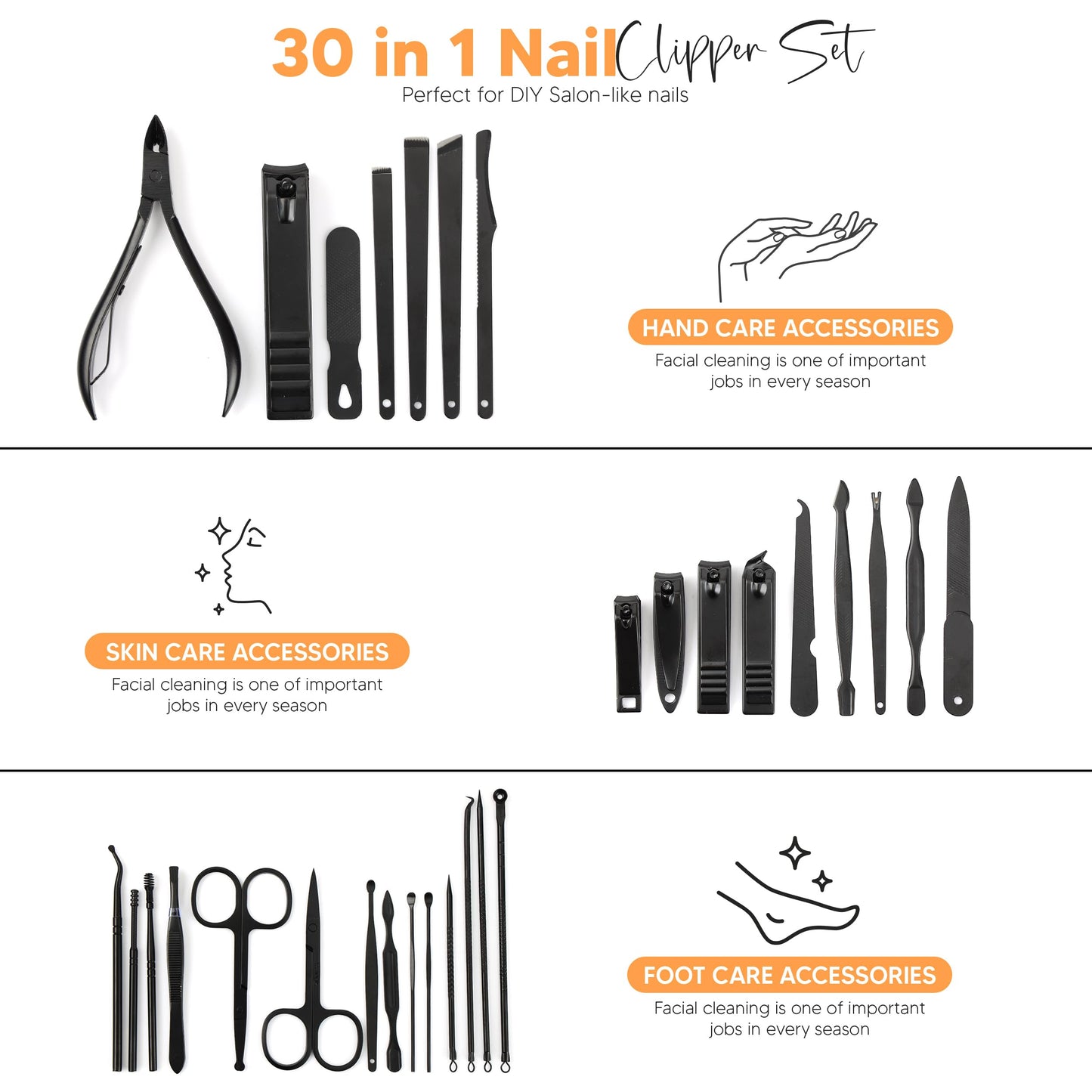 Utopia Care - Manicure Kit For Women and Men, Manicure Set with Nail Clippers or Nail Kit Includes Fingernail & Toenail Clippers,30-Pcs Pedicure Kit Stocking Stuffers With Travel Case - Black