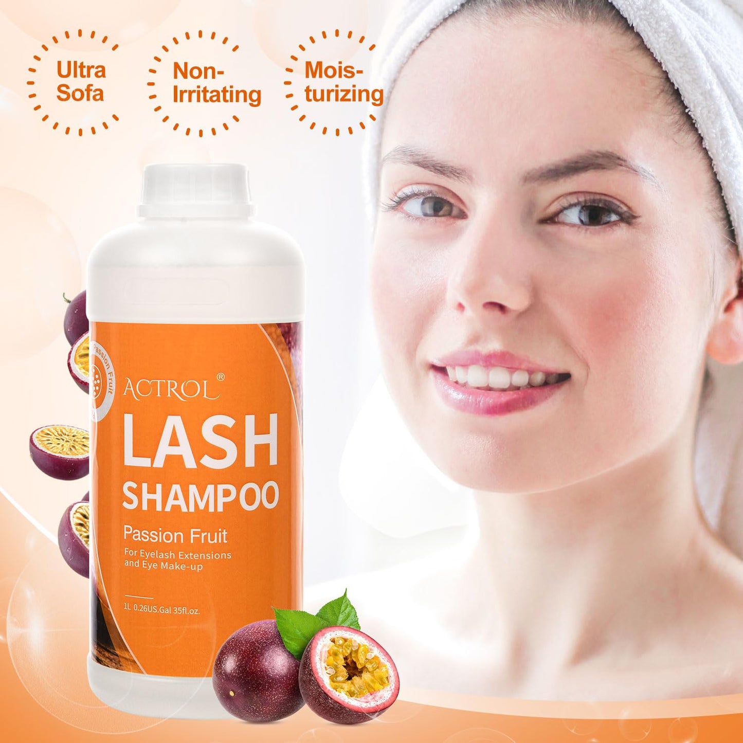 ACTROL Eyelash Extension Cleanser Passion Fruit 1L Natural Lash Extension Shampoo Professional Eyelid Foaming Cleanser Paraben & Sulfate Free Non-lrritating with Salon and Home Care