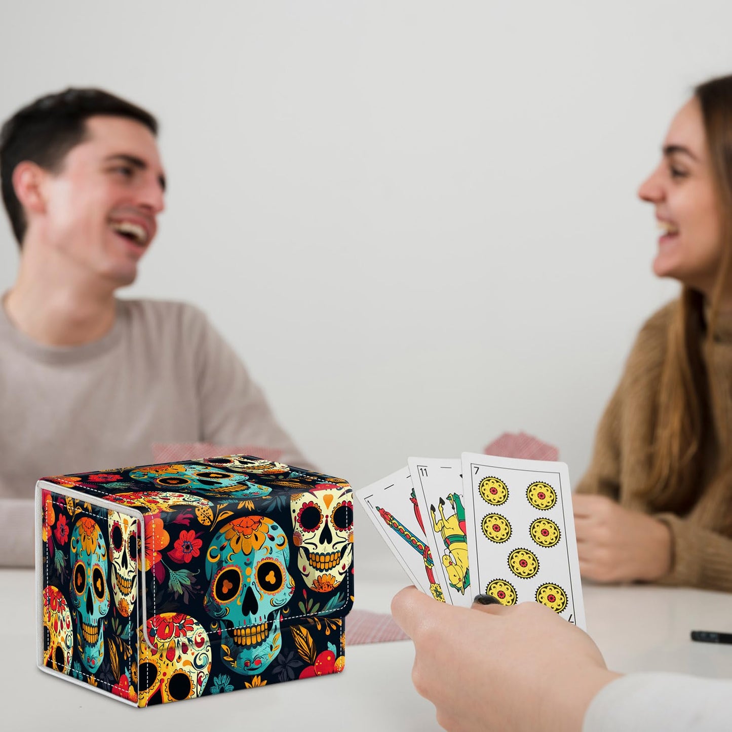 ACWDMKH for MTG Commander Deck Box,Card Deck Box for Trading Card Yugioh MTG Cards,Fits 100 Double Sleeved Cards,PU Leather Magnet TCG MTG Deck Case for Magic Commander Deck Box,Flower Skull