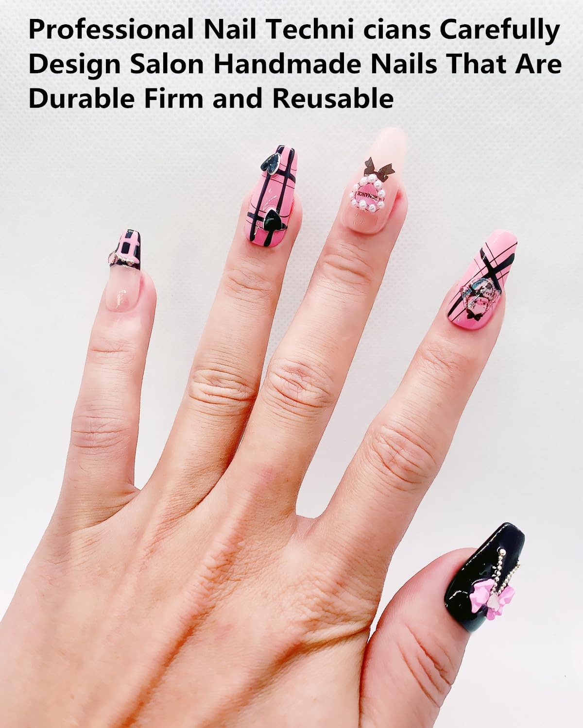 CAMILCY Press on Nails Handmade Nails Luxury Reusable Fake Nails For Girls Long Coffin Armor Pink Black Butterfly Hand Painted Salon Loveful Design Acrylic Gel UV Finished For Women 3D Nails 10PCS L