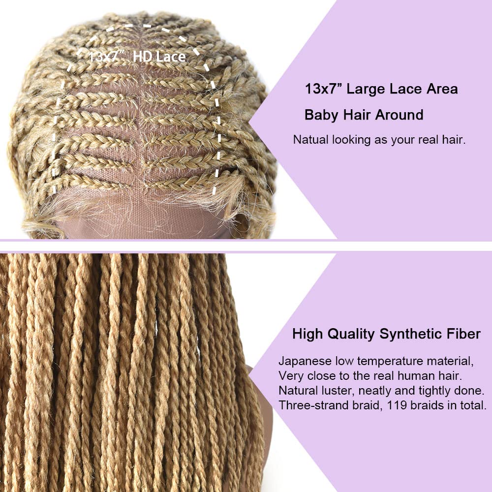 5.5X3.5 Swiss Lace Front Lightweight Twist Braids Wigs Micro Cornrow Half Box Heat Friendly African Hair Natural Look with Baby Hair Hand-made Braided for Black Women 31" (#27/613M Blonde)