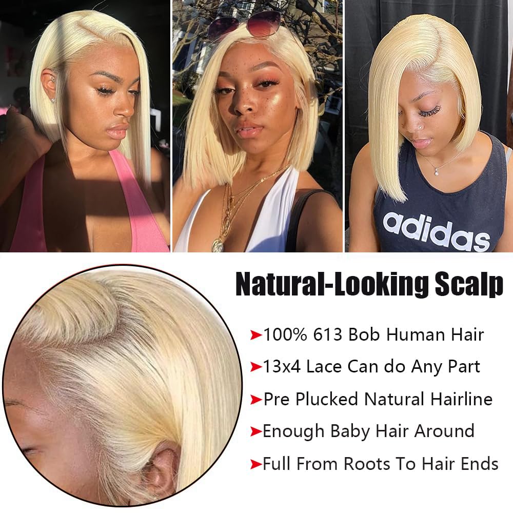 613 Bob Wig Human Hair 13x4 HD Lace Front Wig Human Hair Blonde,Short Straight Glueless 613 Blonde Lace Front Bob Wigs For Black Women Human Hair Pre Plucked Side Part Blond 10 Inch