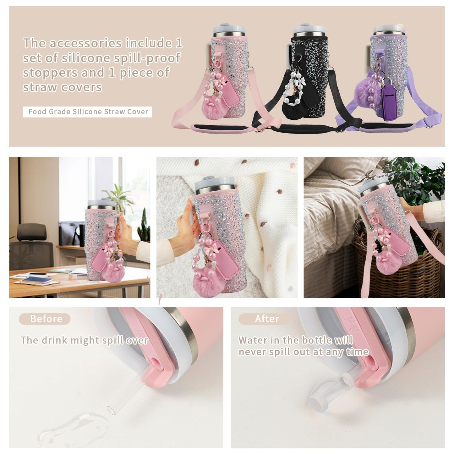 Water Bottle Carrier Bag for Stanley 40oz Tumbler - Stanley Cup Belt Bag with Adjustable Strap, Straw Cover & Pompom Keychains - Thanksgiving Day and Christmas Day Gifts (Pink Diamond)