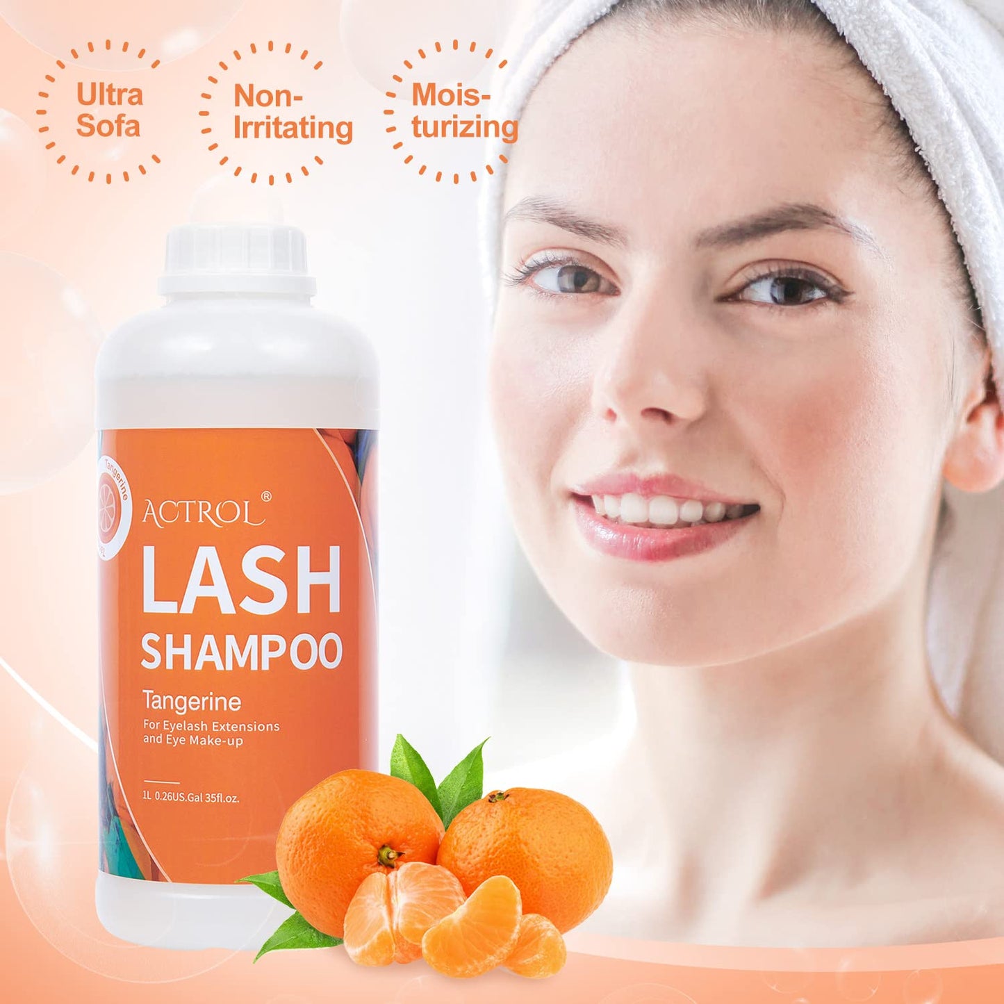ACTROL Eyelash Extension Cleanser Tangerines 1L Natural Lash Extension Shampoo Professional Eyelid Foaming Cleanser Paraben & Sulfate Free Non-lrritating with Salon and Home Care
