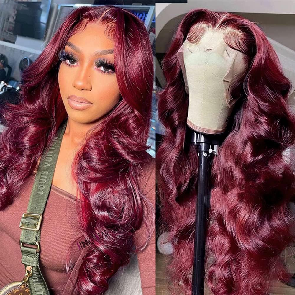 99J Burgundy Lace Front Wigs Human Hair With Baby Hair Pre Plucked 13x4 Body Wave 99j HD Transparent Lace Frontal Human Hair Wigs for Women 99J Glueless Lace Front 28Inch