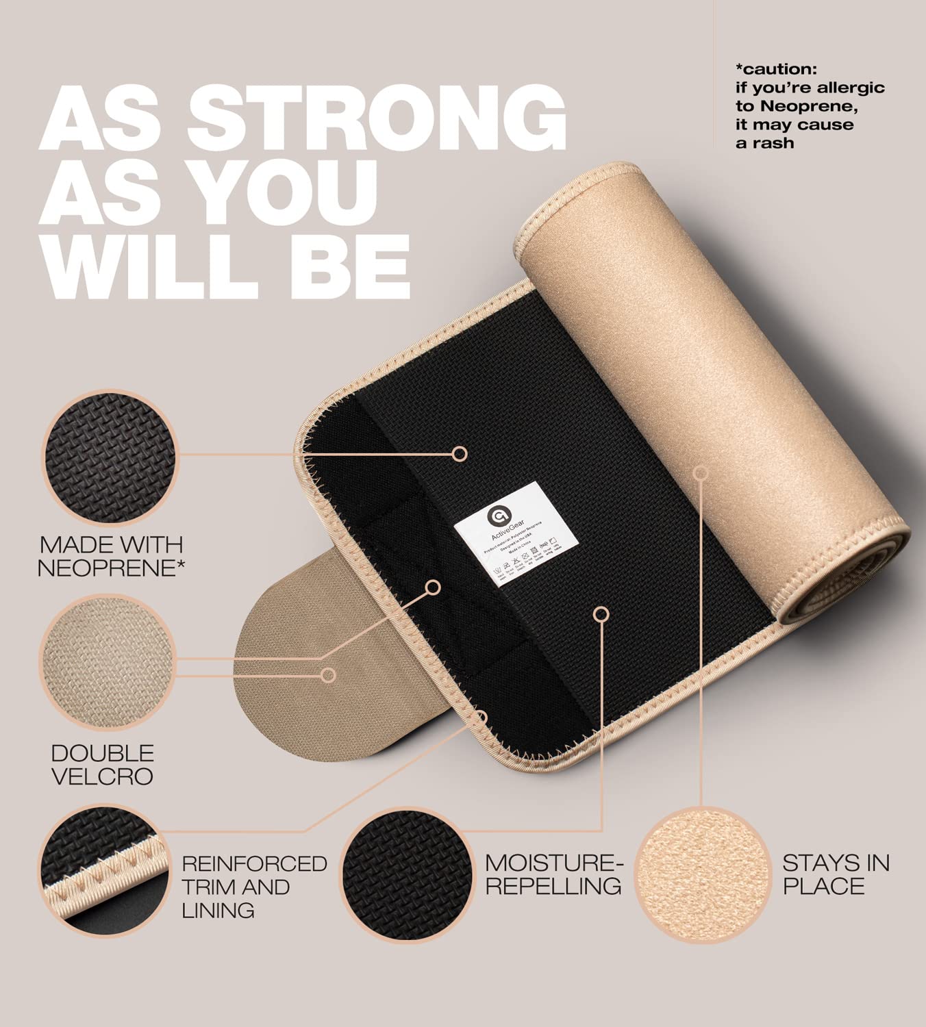 ActiveGear Waist Trainer for Women & Men – Skin Colored Sweat Band Waist Trimmer Belt for a Toned Look - Reinforced Trim and Extra Secure Fastening (Latte, Medium: 8” x 42”)