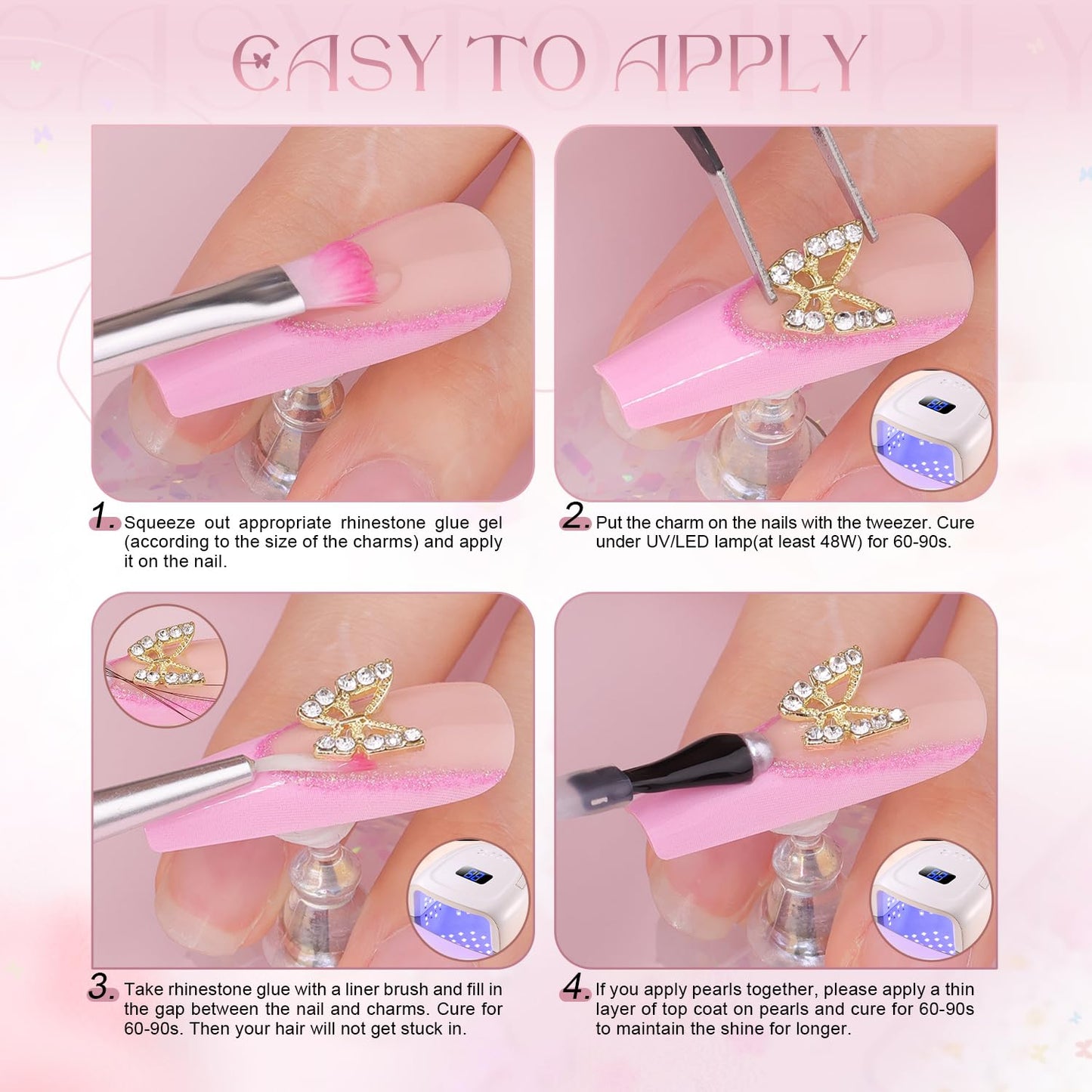 3D Nail Charms and Gems Set 10 with Rhinestone Glue, 20PCS Chunky Butterfly Charms + 60PCS Nail Bows in 2 Styles + 3D Flowers with Crystals, Pearls, Diamonds, and Picker Tools for Y2K Nail Decor