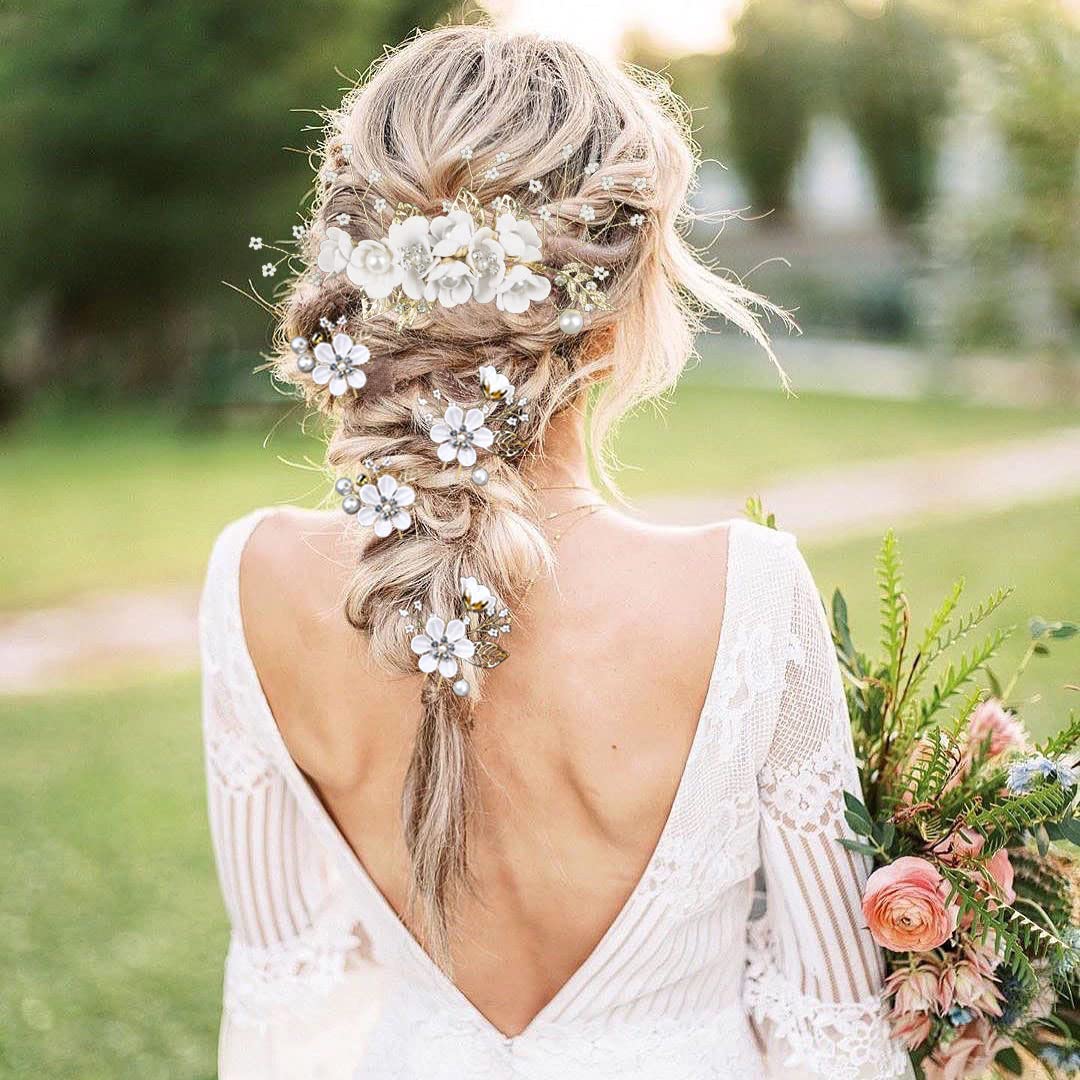 5 PCS Bridal Flower Wedding Hair Pins Crystal Pearl Hair Clips Headpiece Gold Wedding Hair Accessories Jewelry with Rhinestone for Brides Bridesmaids Women Girls Updo (Pure White Flower)