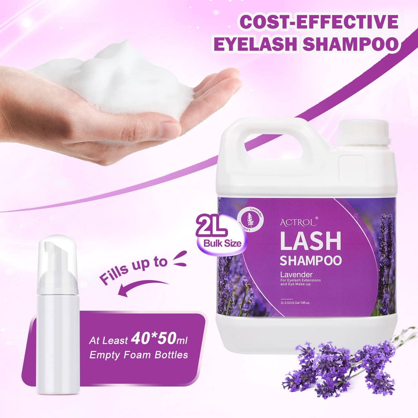ACTROL Eyelash Extension Cleanser Lavender 2L Natural Lash Extension Shampoo Professional Eyelid Foaming Cleanser Paraben & Sulfate Free Non-lrritating with Salon and Home Care